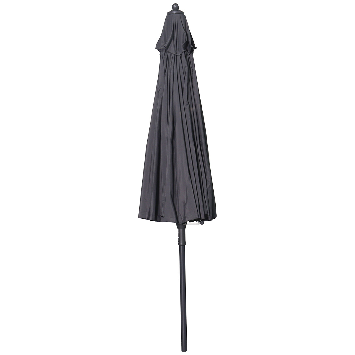 A closed, dark gray umbrella stands upright on a thin black pole.
