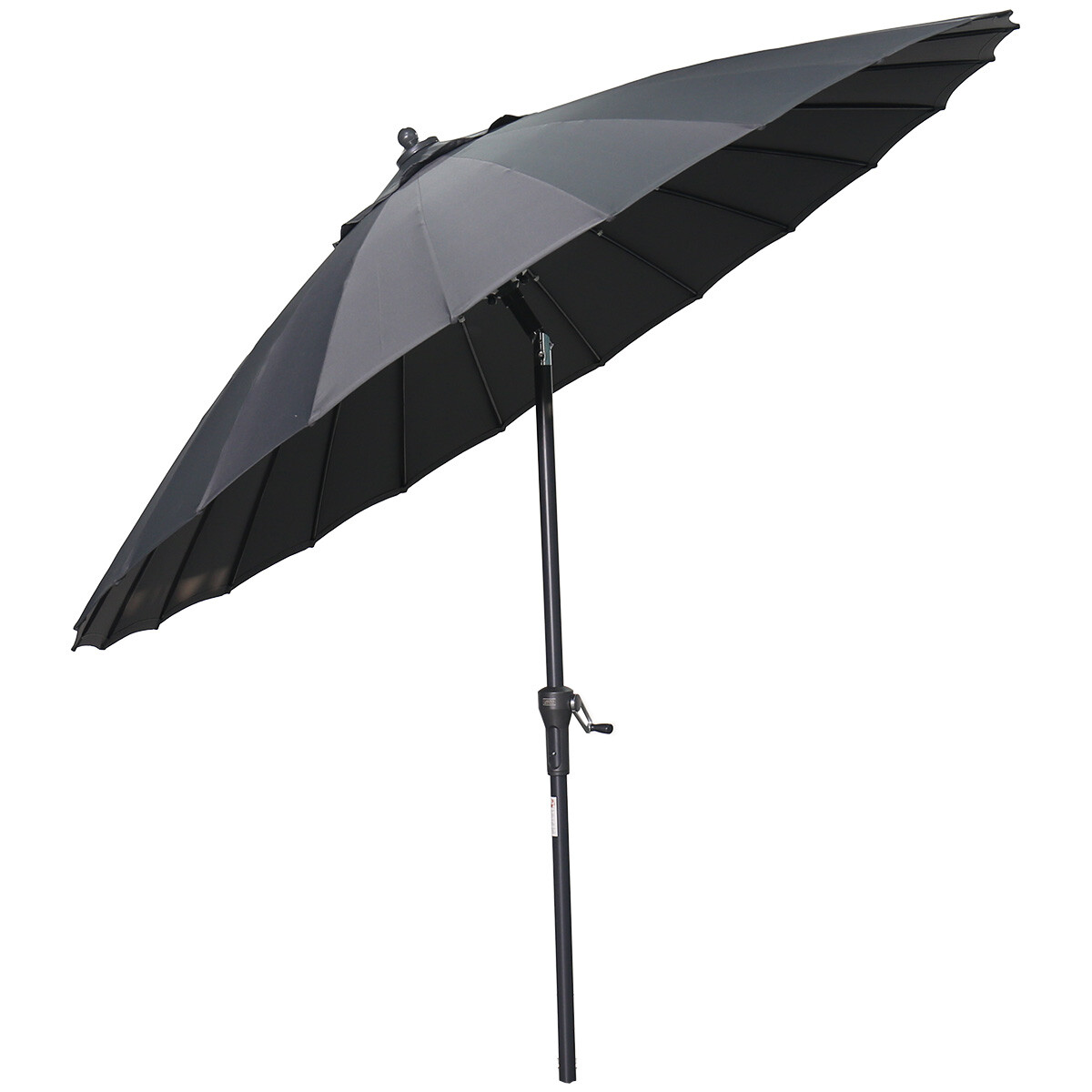 A black umbrella with a tall silver pole and a crank mechanism.