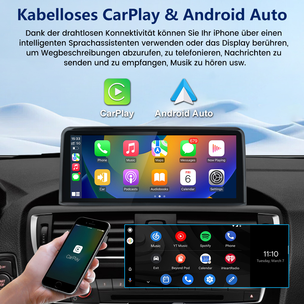 Smartfon wyświetla CarPlay, ekran samochodu pokazuje aplikacje takie jak Telefon, Muzyka i Kalendarz.