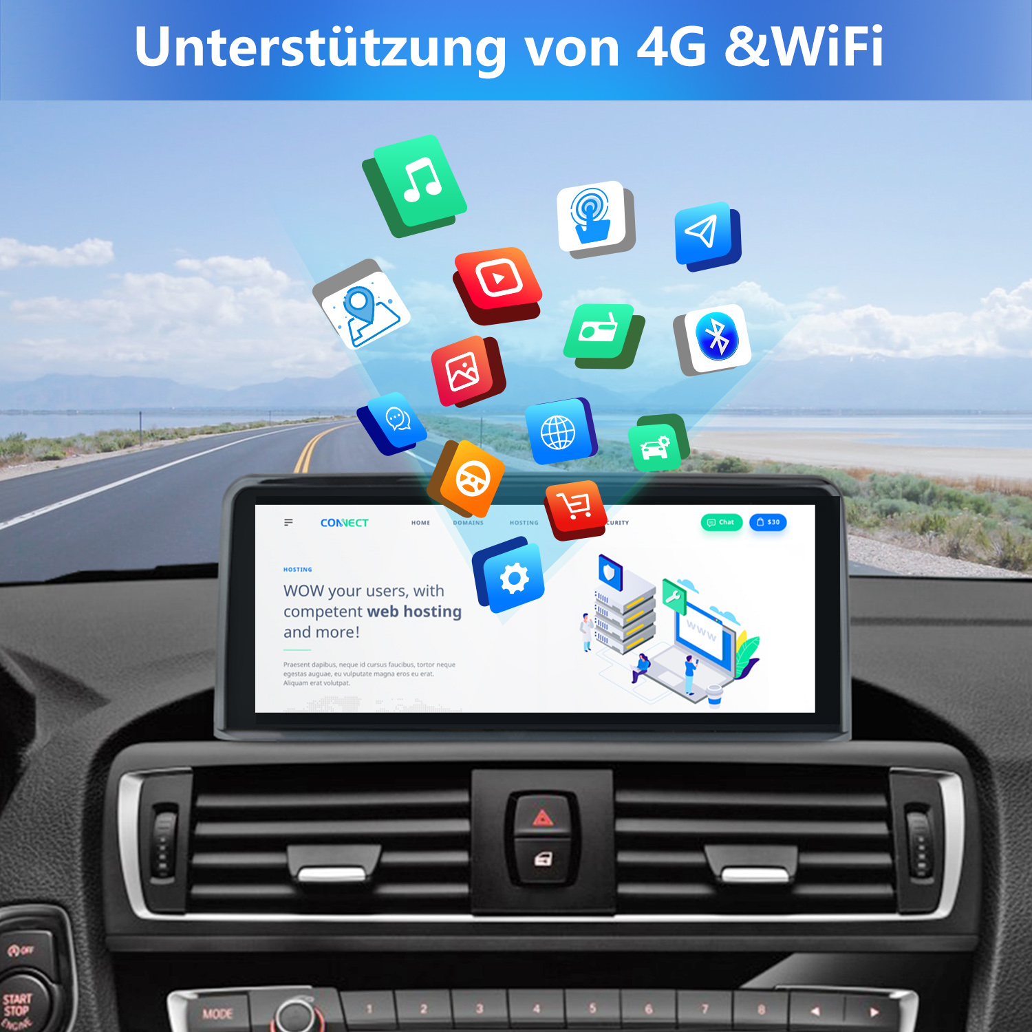 Samochodowy system infotainment wyświetlający ikony dla obsługi 4G i WiFi.