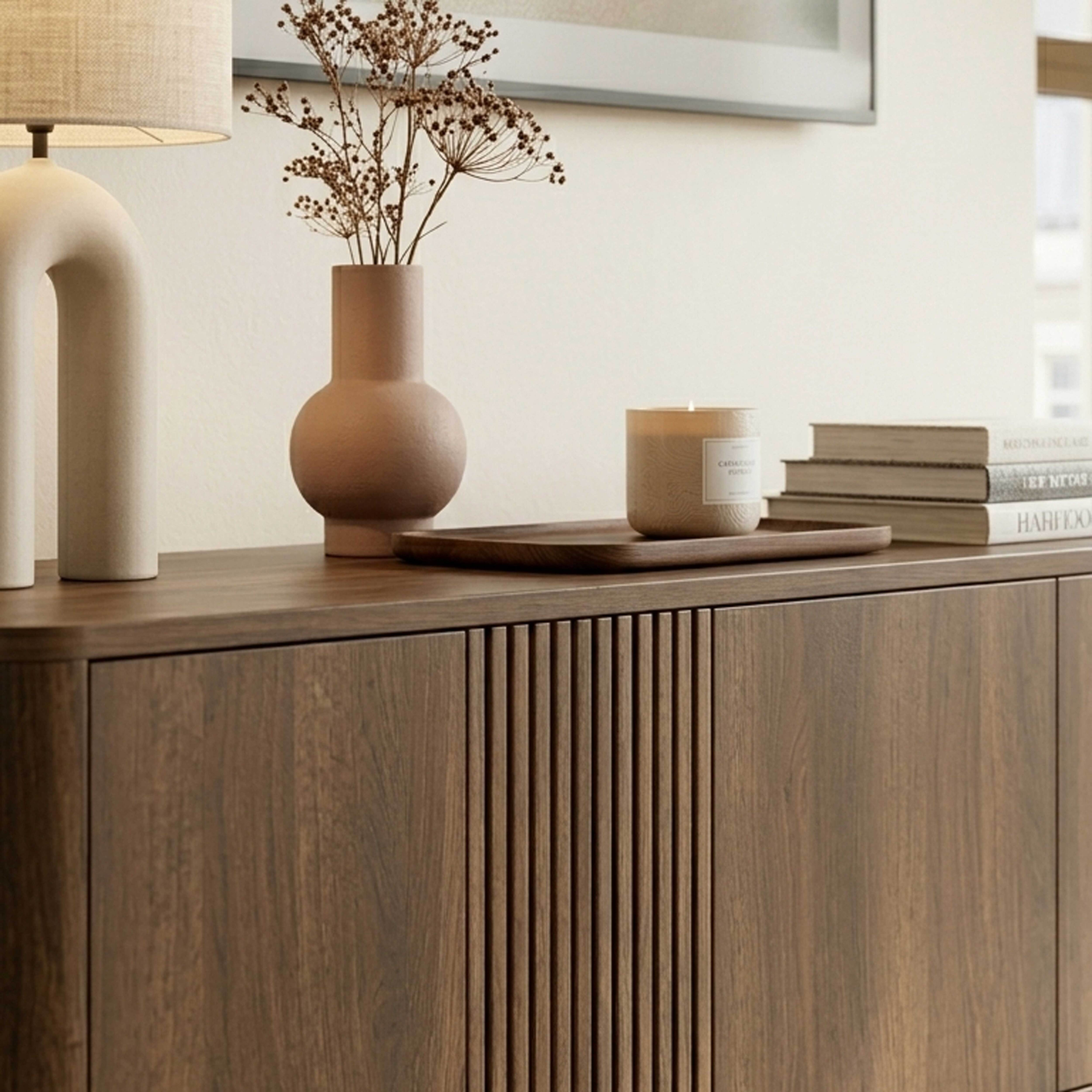 Dunkelbrauner Holzschrank mit Deko: Lampe, Vase mit Trockenblumen, Kerze, Bücher.