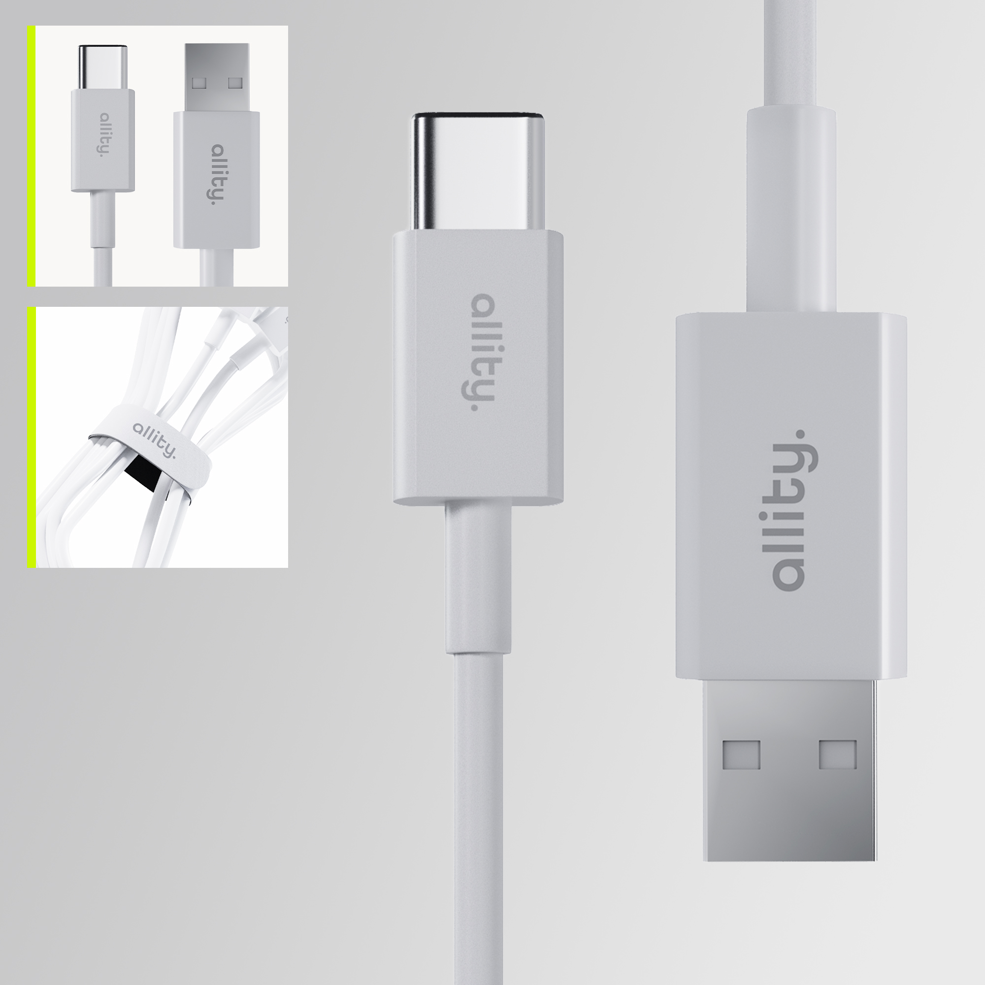 Ein weißes USB-C-zu-USB-A-Kabel mit dem Logo 'allity.'