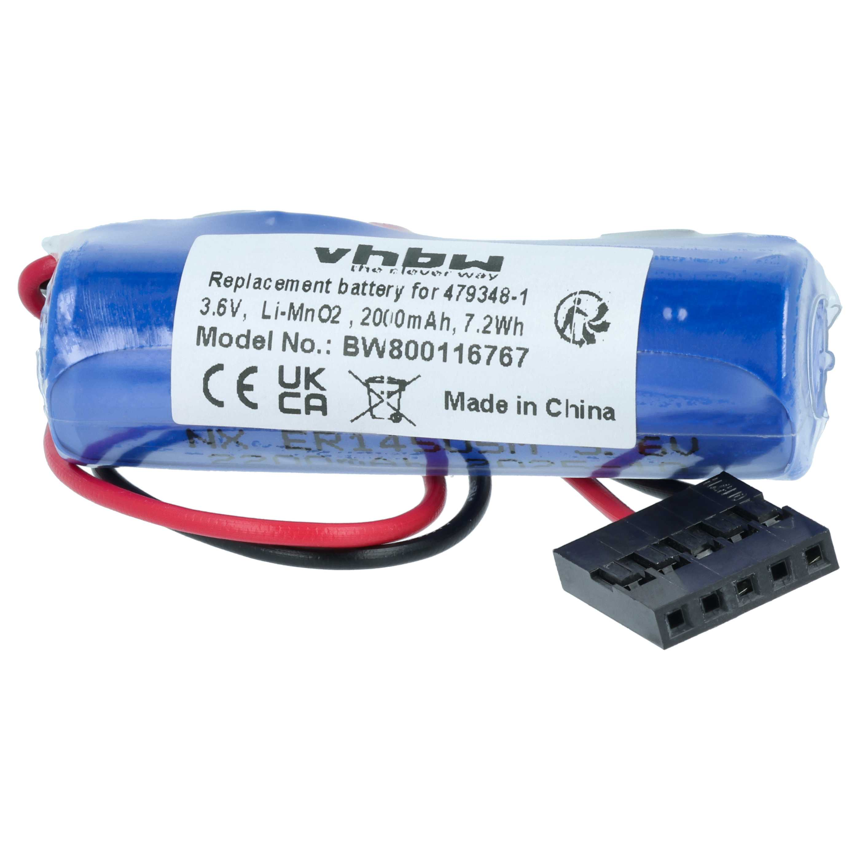 Eine blaue 3,6V Li-MnO2 Batterie mit 2000mAh, Kabeln und Stecker.
