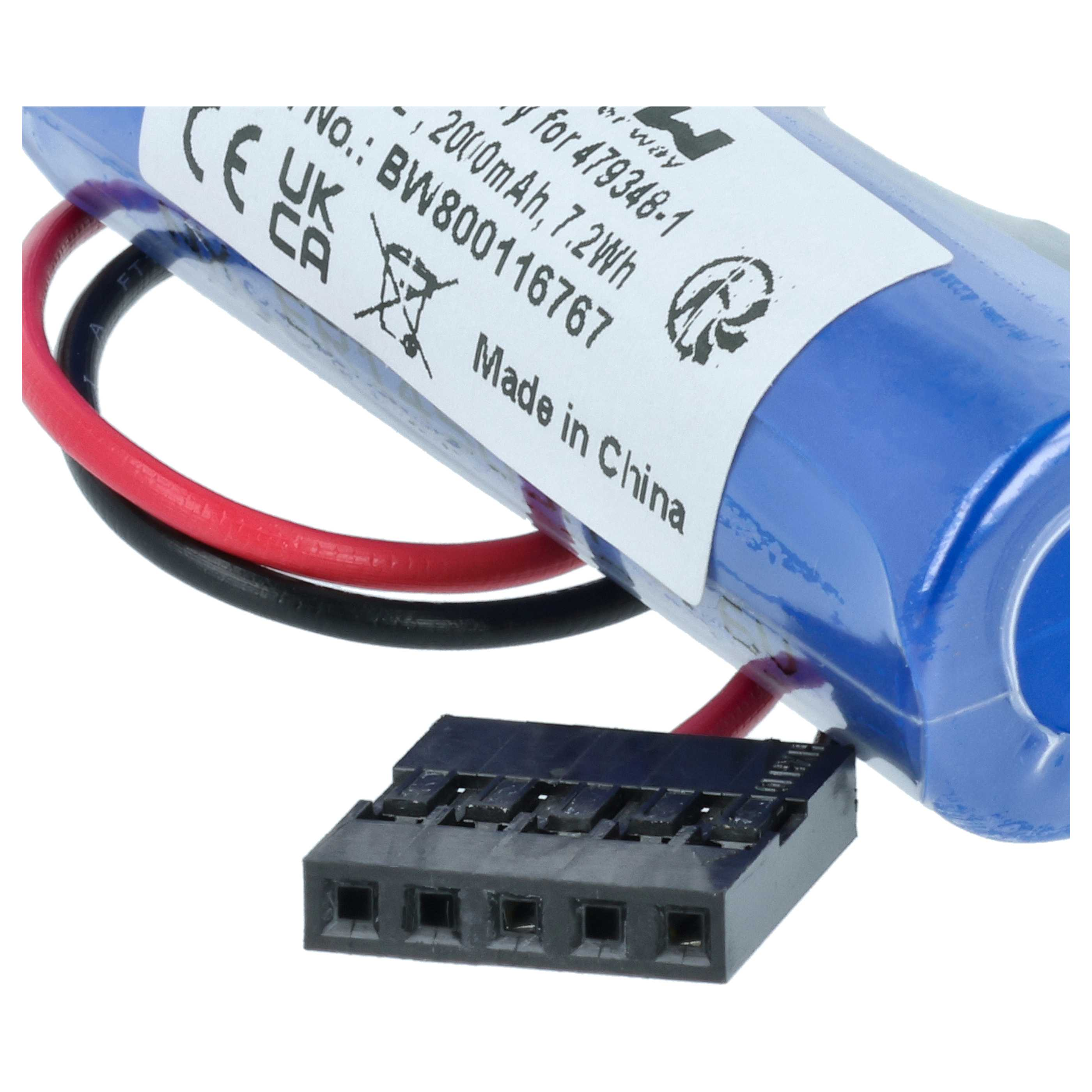 Blauer Akku mit schwarzen und roten Kabeln und einem schwarzen Stecker.
