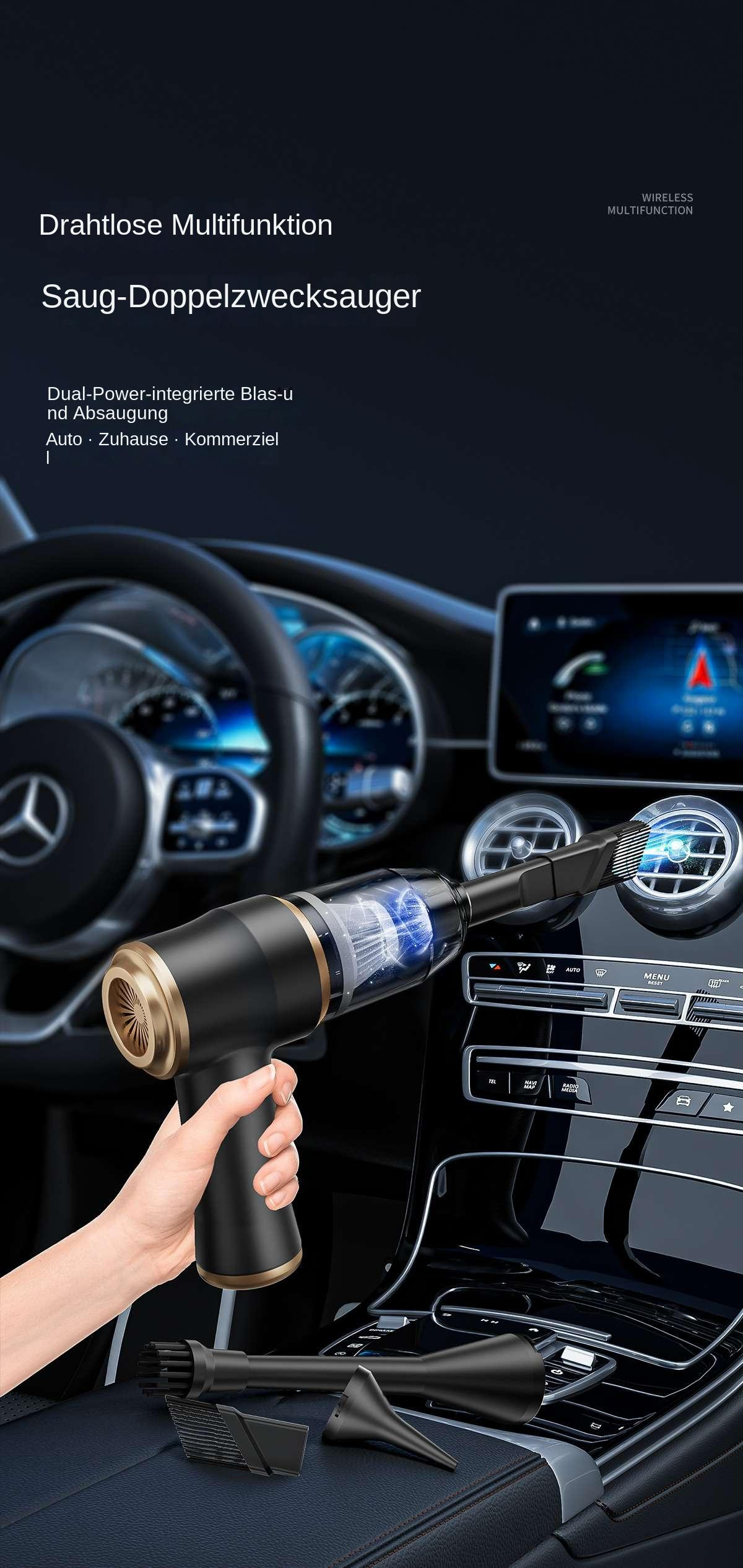 Hand hält schwarzen Akku-Sauger mit Golddetails im Auto-Innenraum.