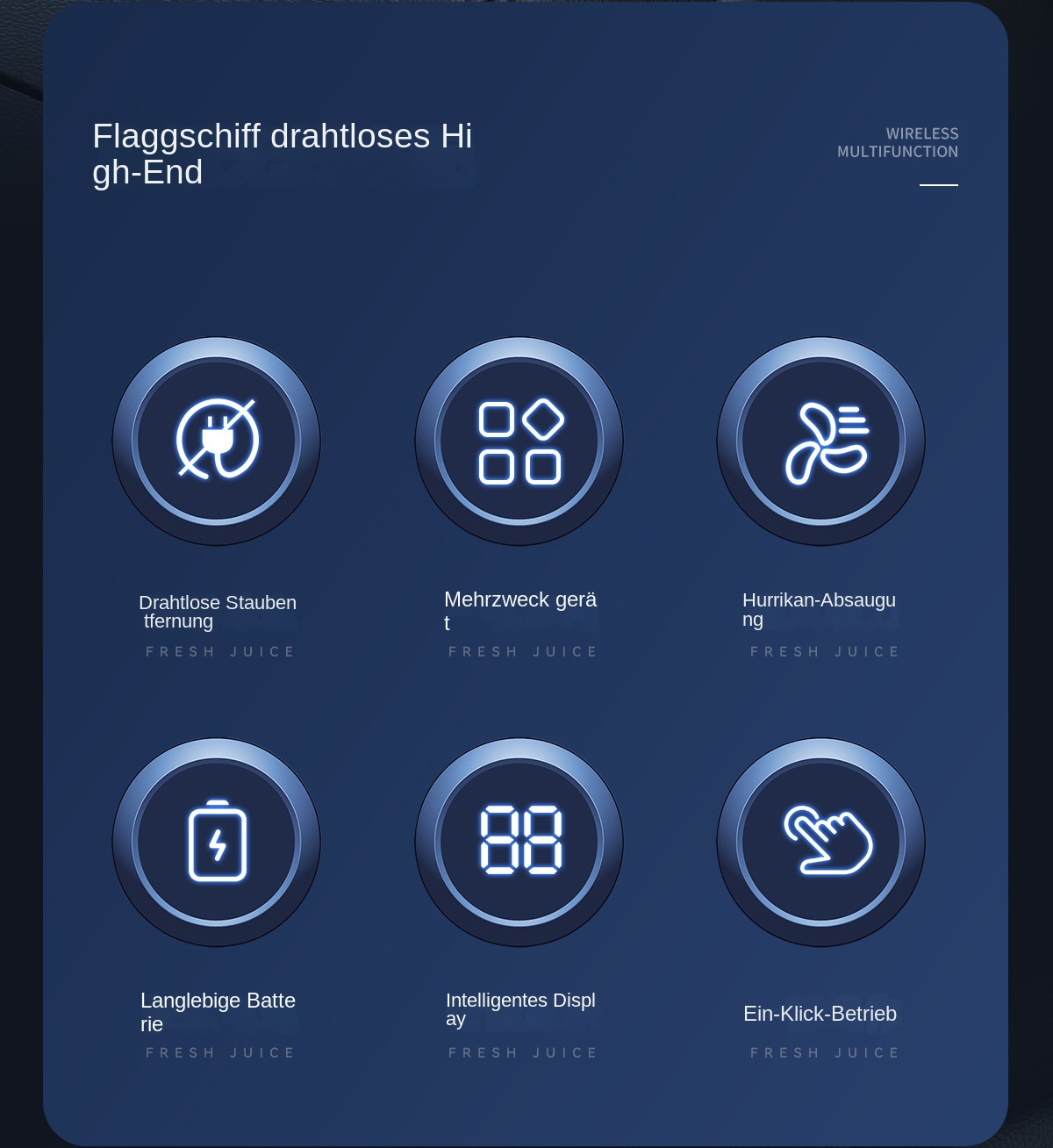 Symbole: Strom aus, Gitter, Ventilator, Batterie, 88, Hand. Text: Kabellose Multifunktion.