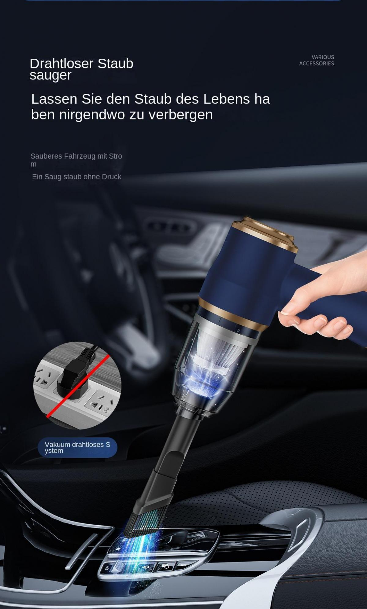 Blauer Handstaubsauger reinigt Auto-Innenraum. Steckdose mit Stecker im Kreis.