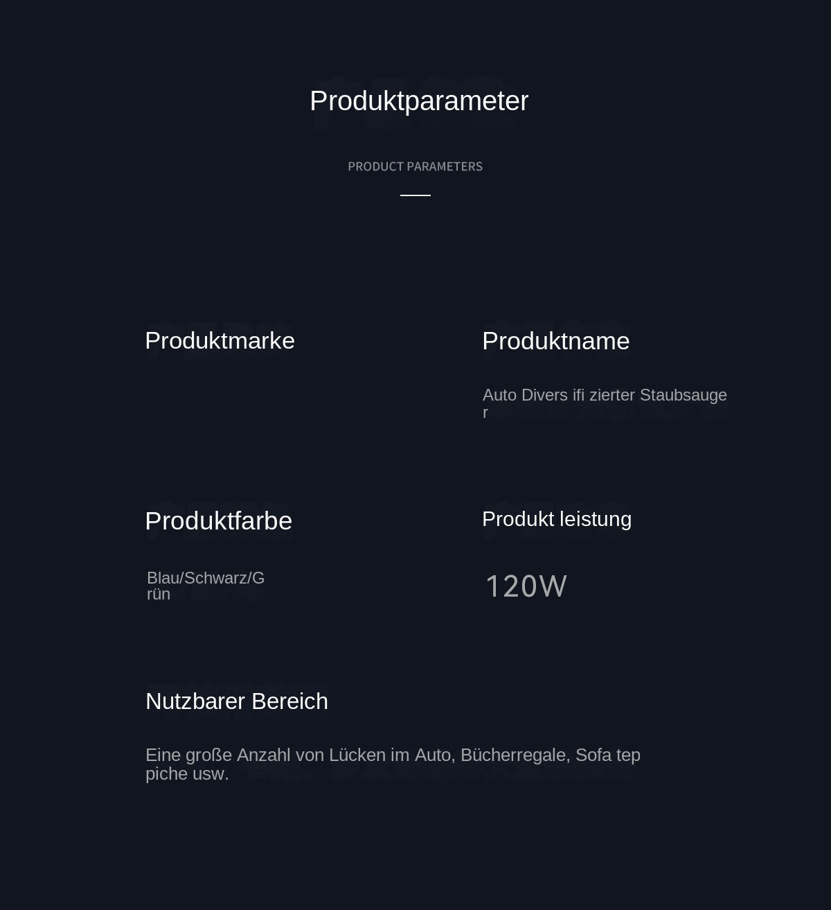 Produktparameter: Marke, Name, Farbe Blau/Schwarz/Grün, Leistung 120W, Nutzbereich Auto.
