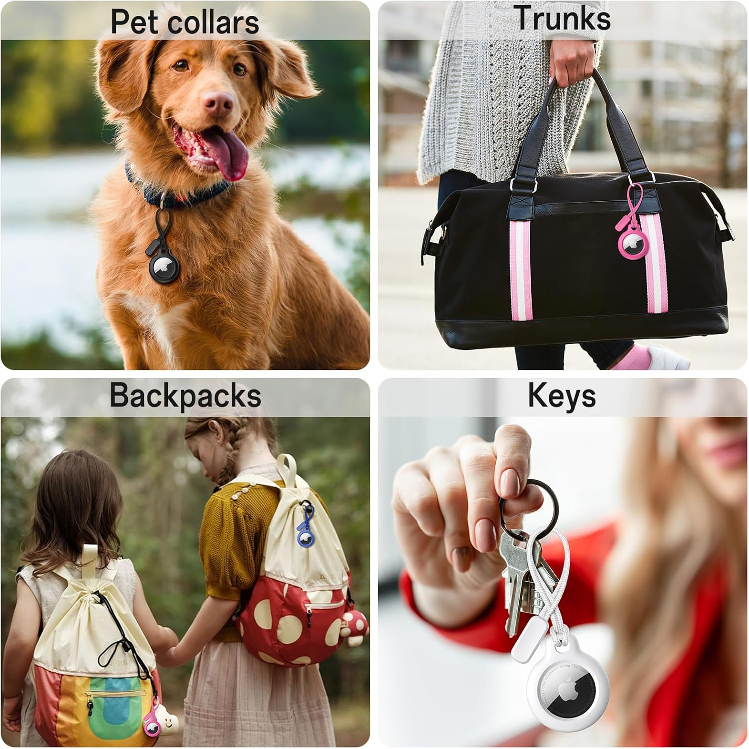 Ein Hund mit einem Tracker am Halsband, eine Tasche mit Trackern, Rucksäcke mit Trackern und Schlüssel mit Trackern.