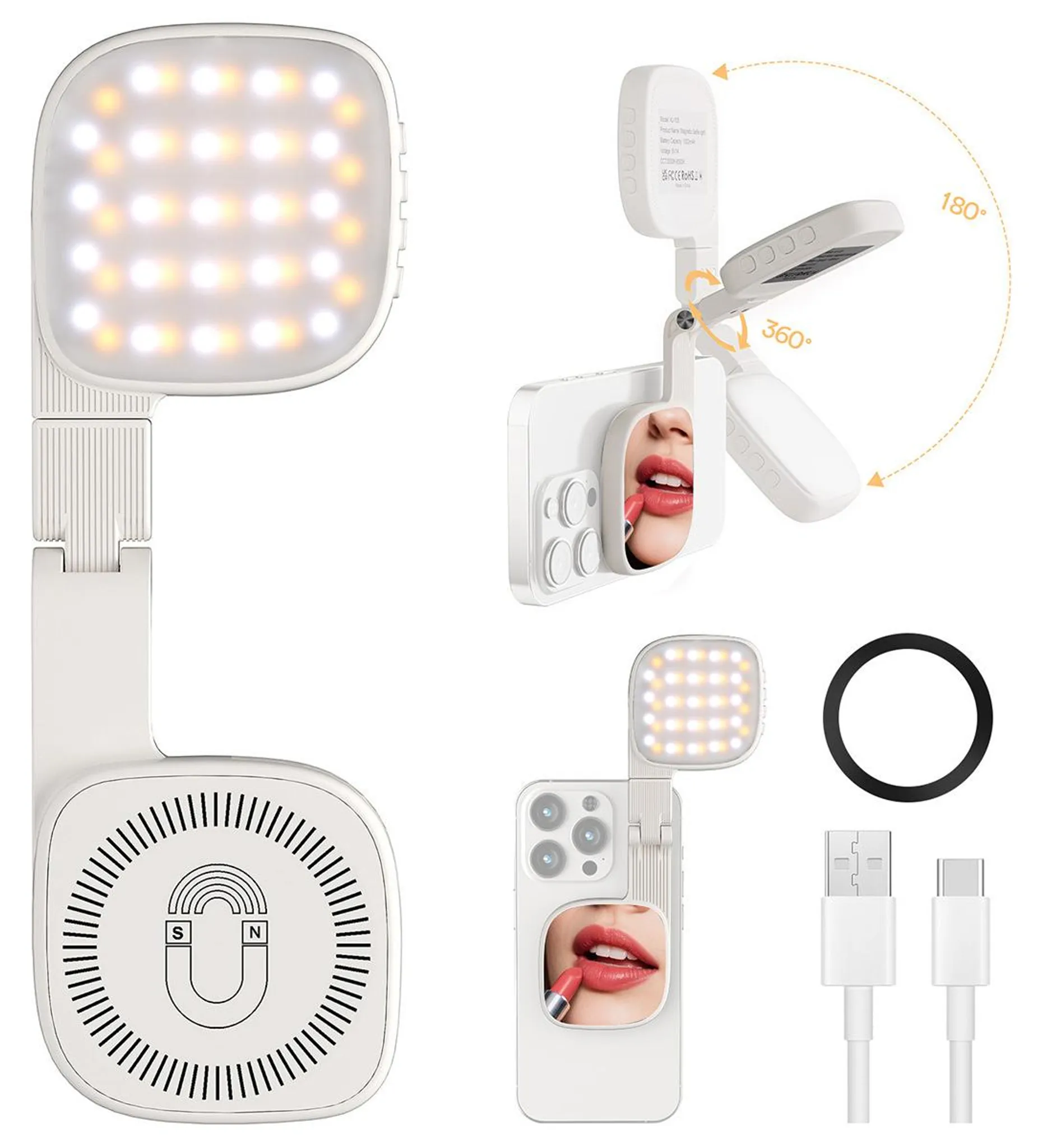 Ein weißes Smartphone-Licht mit USB-C-Kabeln, Ring und Magnetmotiv.