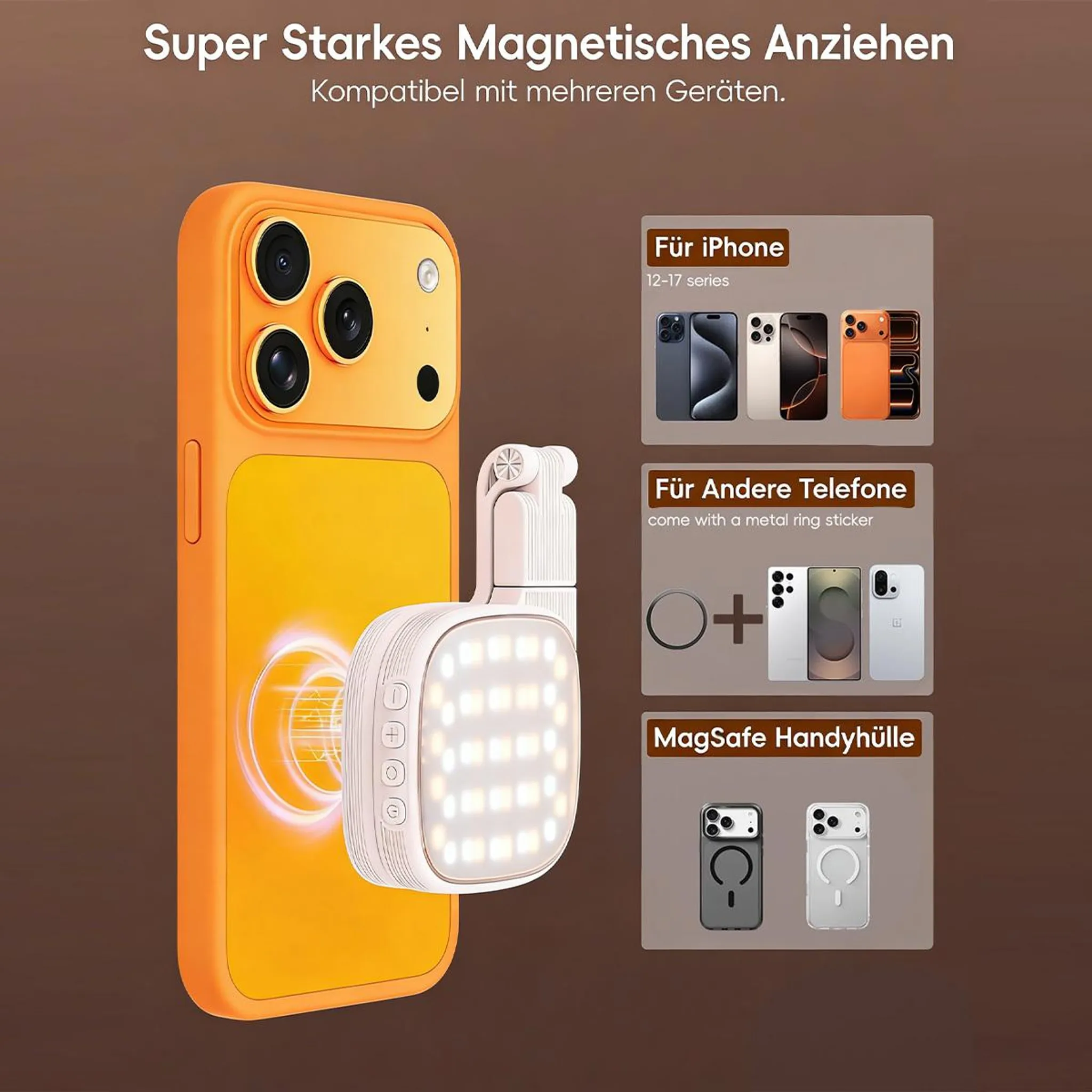 Ein orangefarbenes iPhone mit einem magnetischen Ringlicht. Kompatibel mit verschiedenen Geräten.