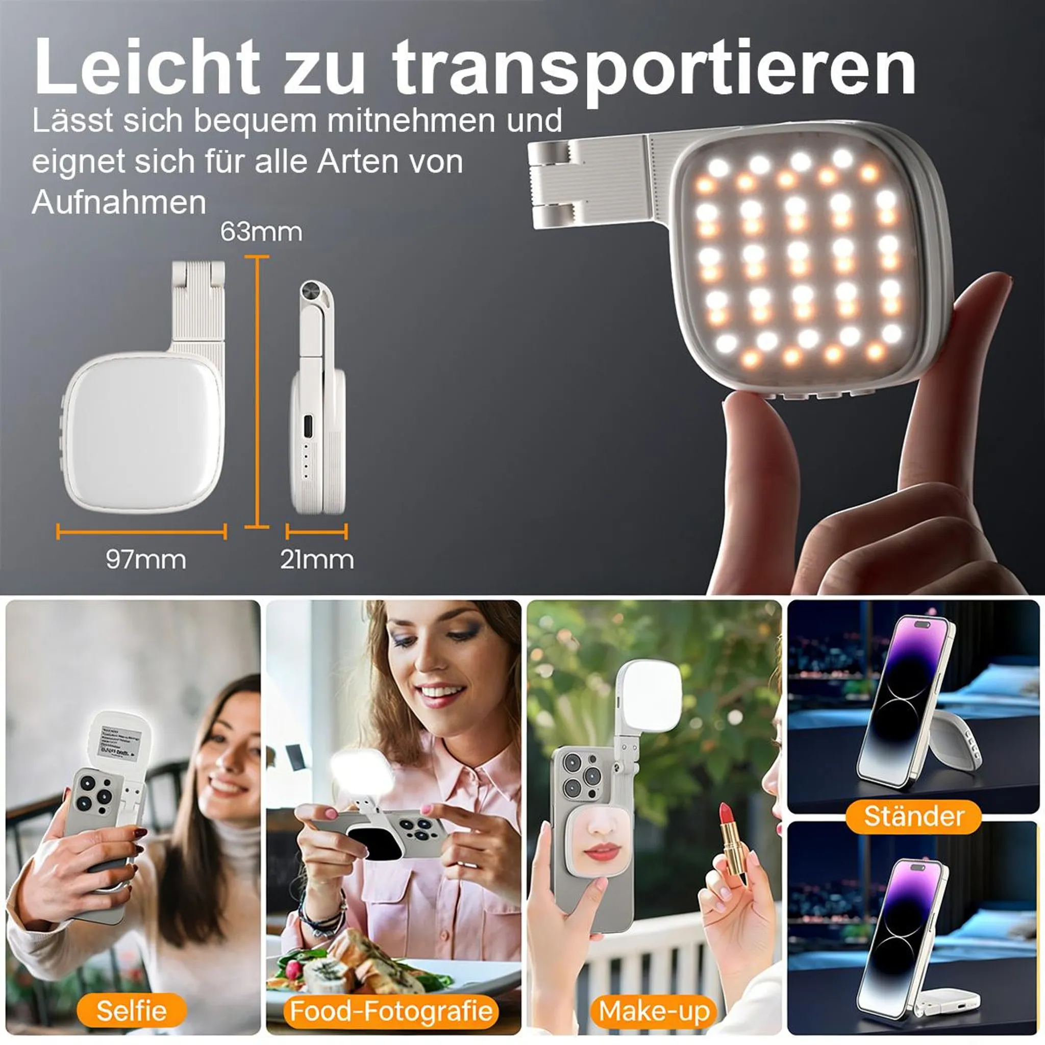 Kompakte LED-Leuchte und Smartphone-Halterung für Selfies, Essen und Make-up.