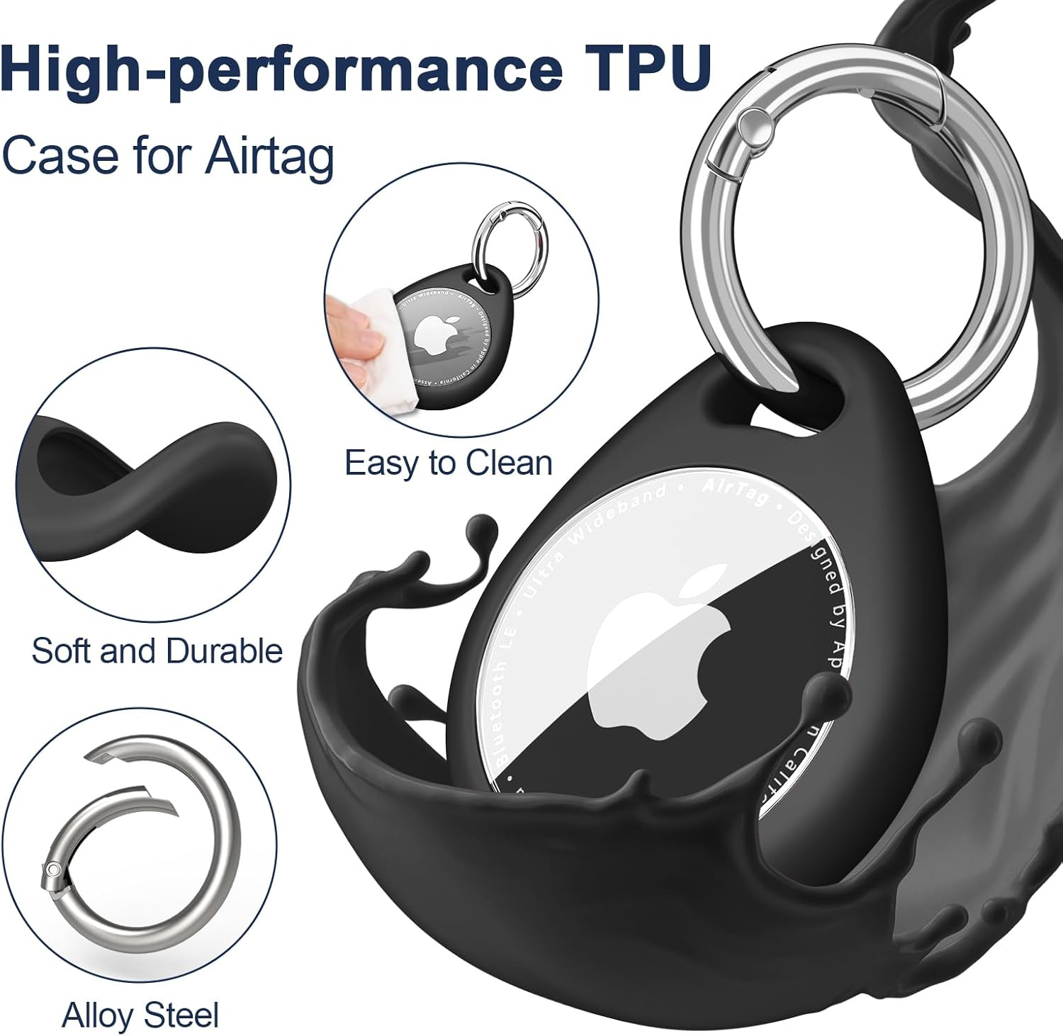 Schwarze TPU AirTag Hülle mit Karabiner, betont weich, langlebig, leicht zu reinigen, legierter Stahl.