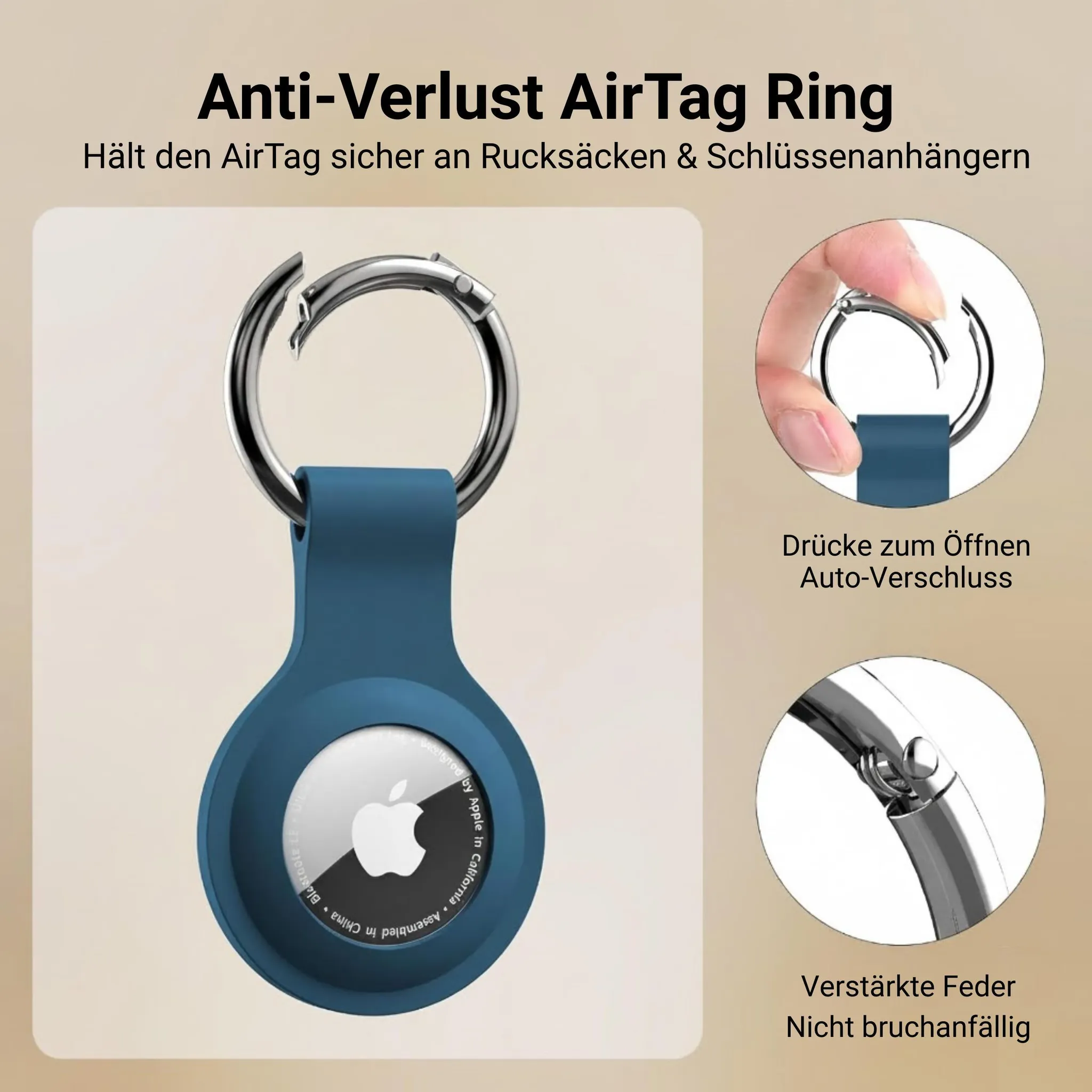 Ein blauer AirTag-Ring mit Schlüsselring. Zeigt Details der Schließe.