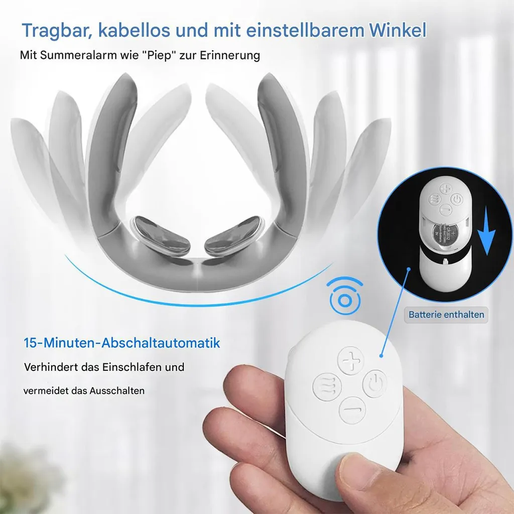 Tragbares Nackenmassagegerät mit Fernbedienung und Batterieanzeige.