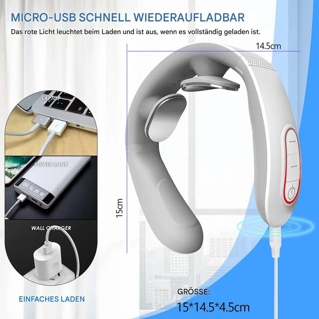 Graues Nackenmassagegerät mit USB-Ladeanzeige und Abmessungen.