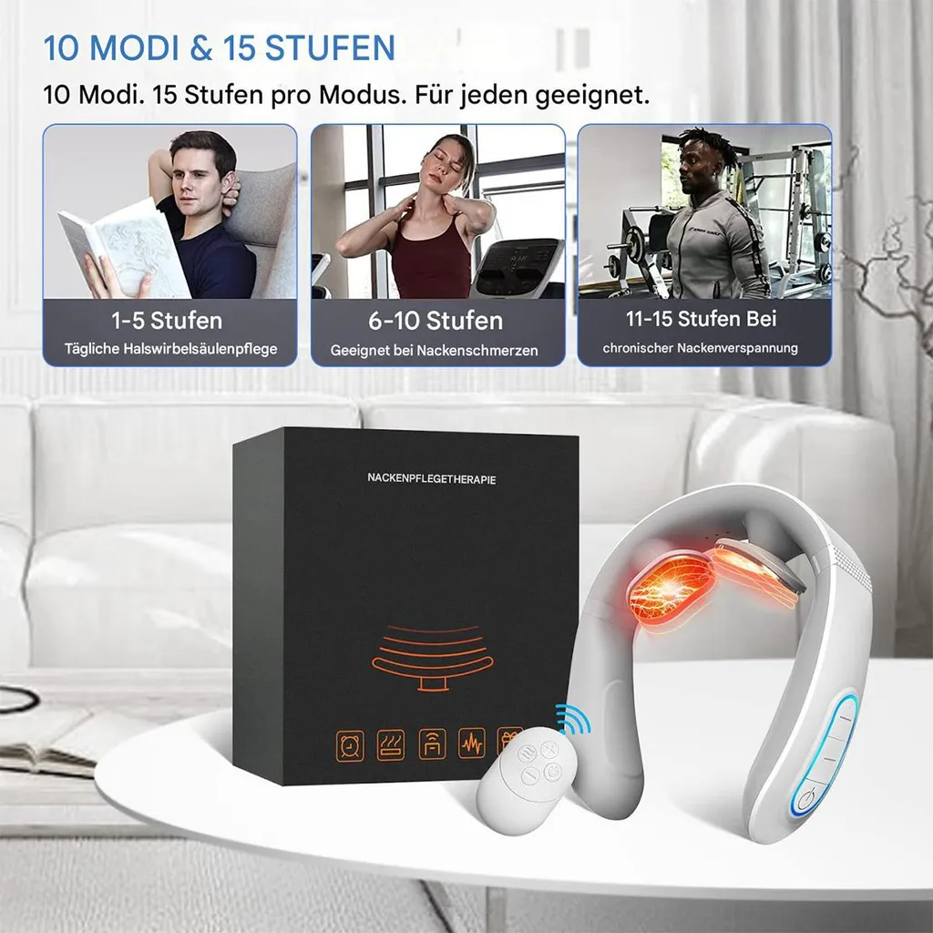 Nackenmassagegerät mit Fernbedienung und Box, zeigt drei Nutzer auf Laufband, beim Lesen und im Fitnessstudio.