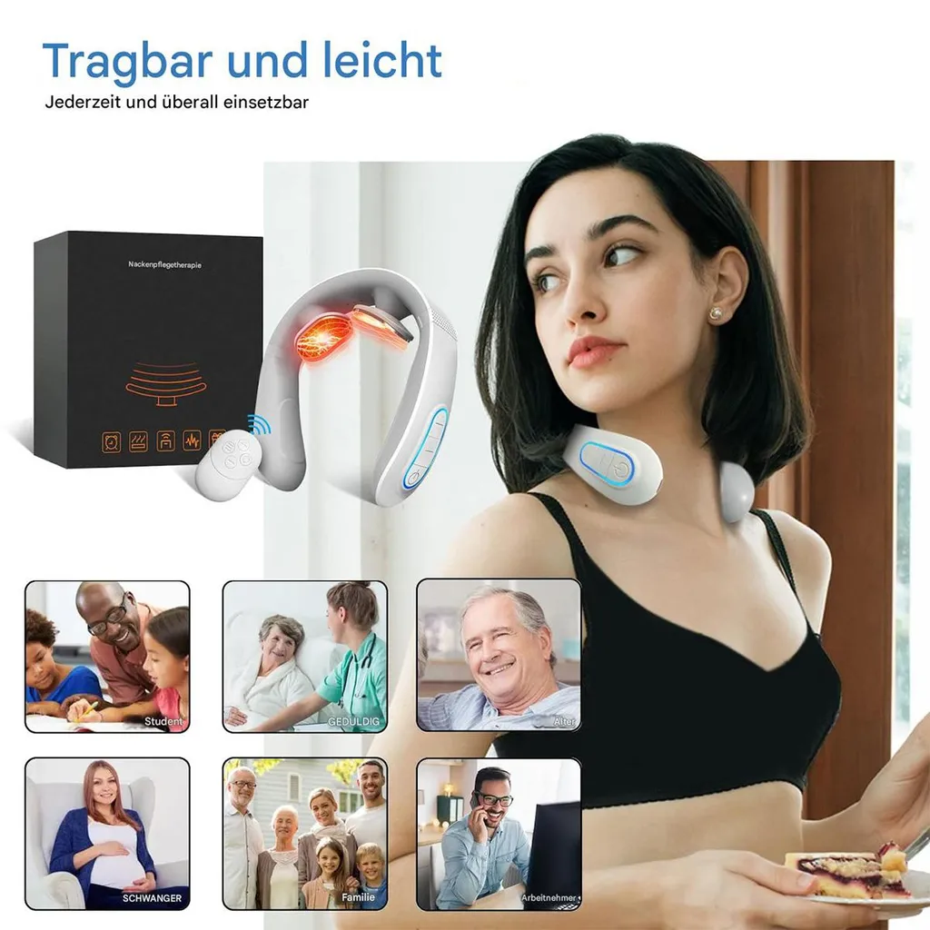 Tragbarer Nackenmassagegerät mit verschiedenen Anwendungsbildern.