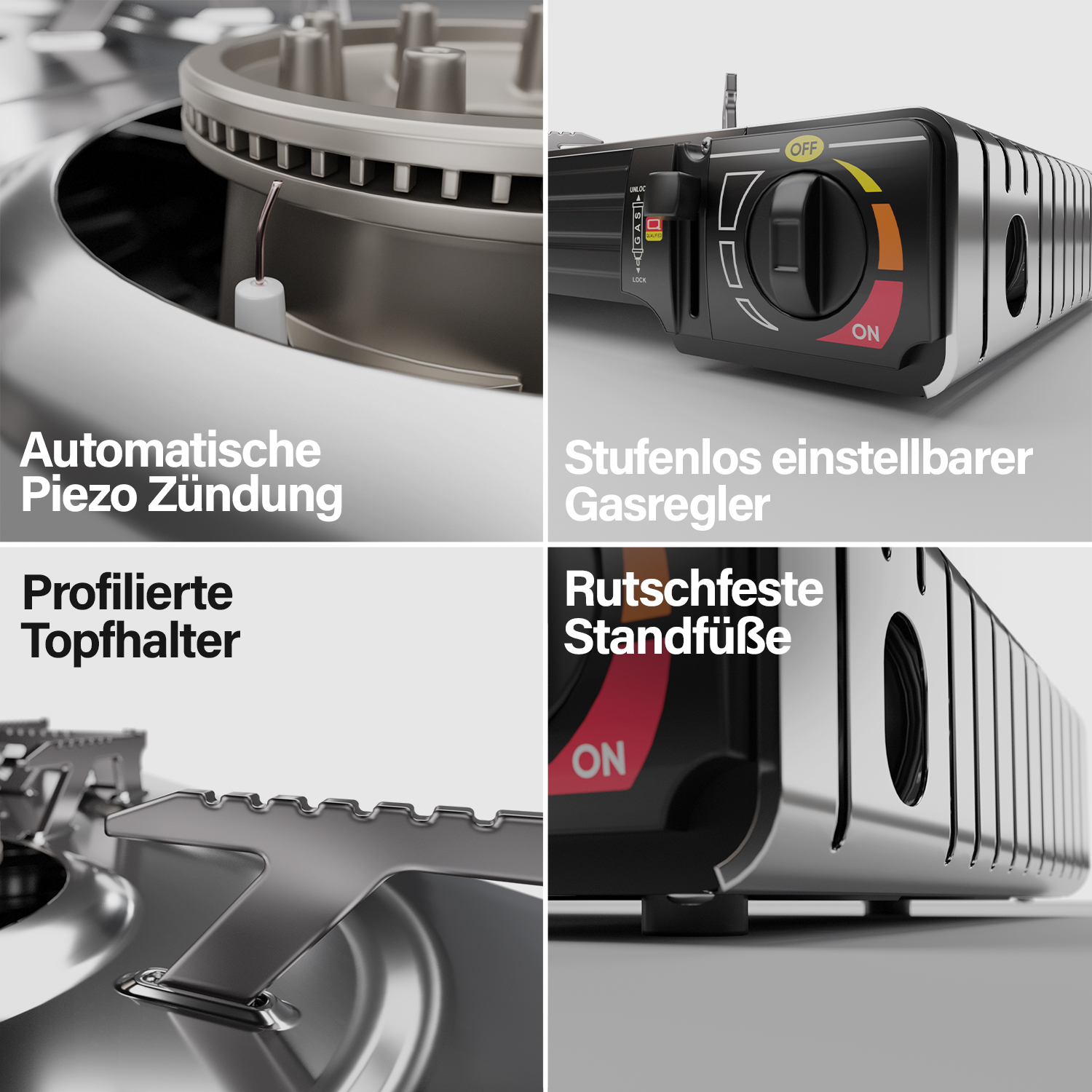 Vier Detailansichten eines tragbaren Gas Kochers: Piezo Zündung, Gasregler, Topfhalter, Standfüße.