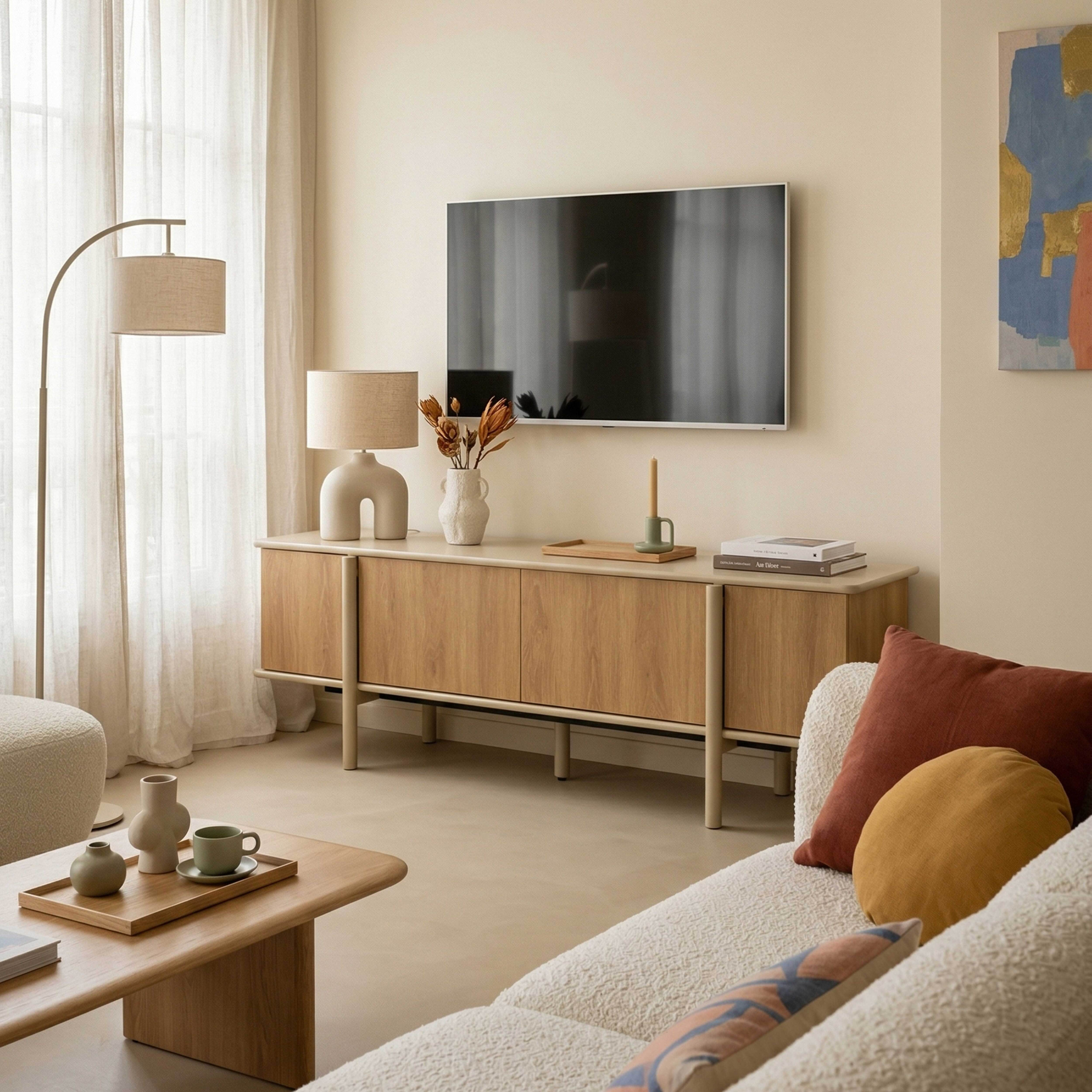 Ein Wohnzimmer mit Sofa, Couchtisch, TV und Beistellschrank. Helle Farben.