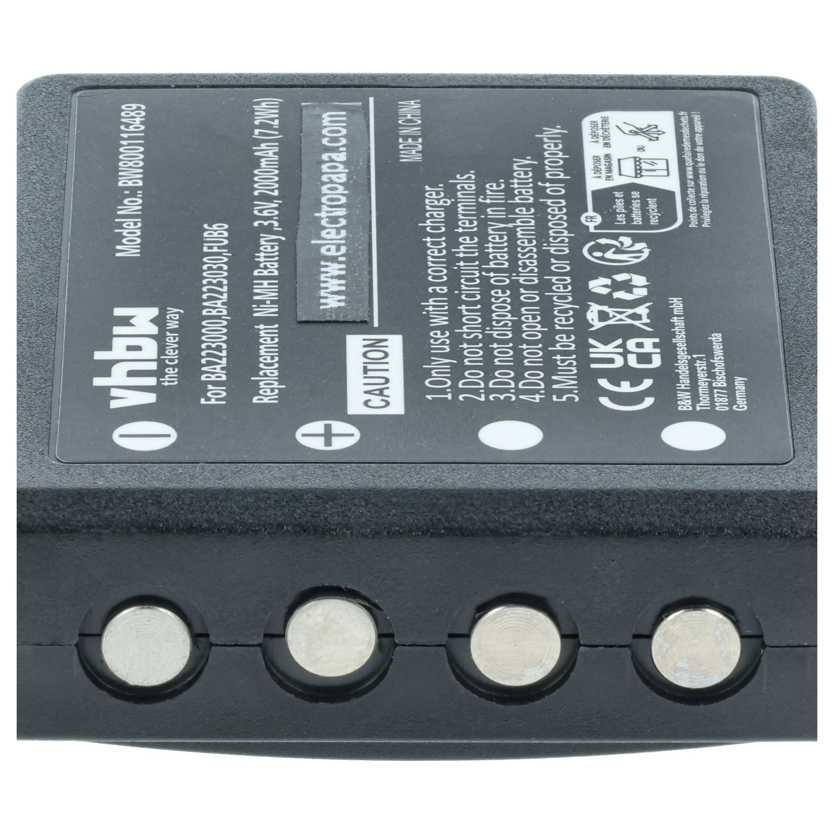 Ein schwarzer Ni-MH-Akku mit Modellnummer BW800116489 und 3,6V, 2000mAh.