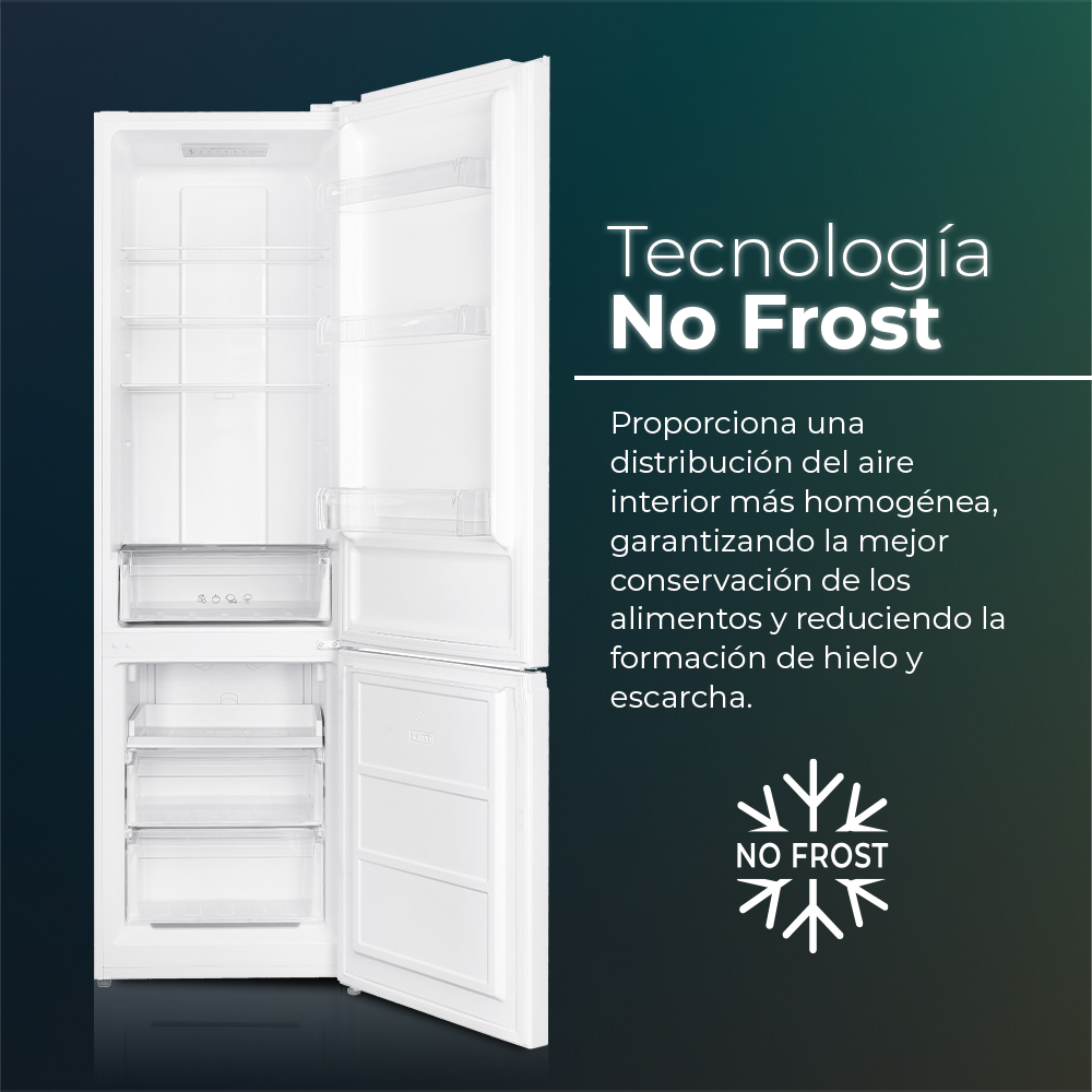 Refrigerador blanco abierto con estantes y cajones. Texto: No Frost.