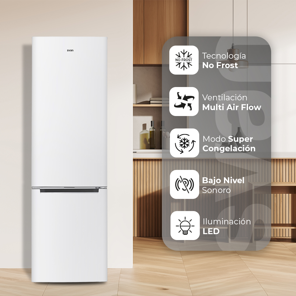 Un refrigerador blanco con tecnología No Frost y luz LED.