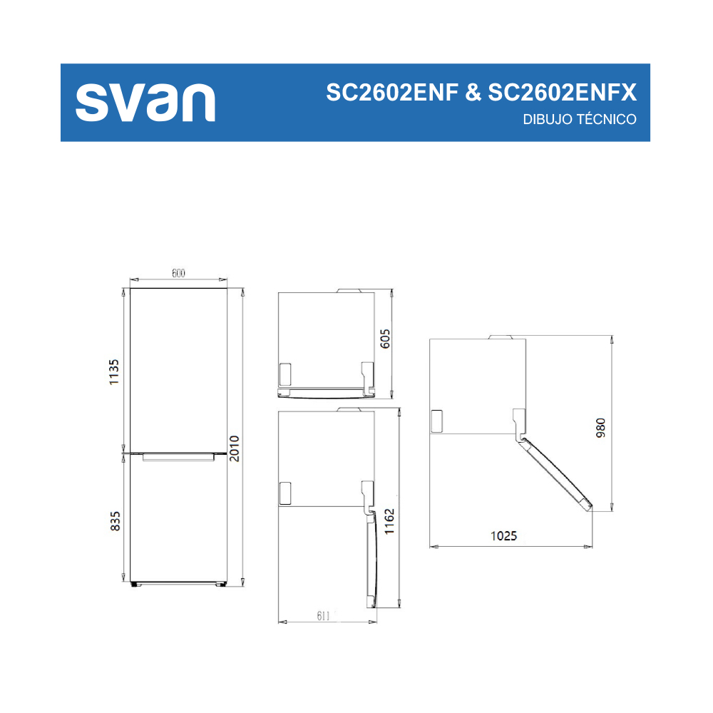 Dibujo técnico del frigorífico Svan SC2602ENF & SC2602ENFX con dimensiones.
