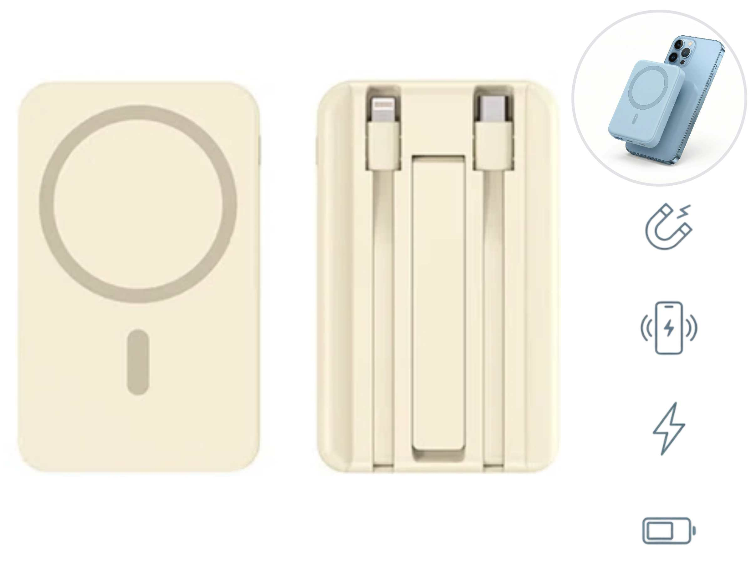Ein cremefarbener magnetischer Ladeakku mit Kabeln und einem Handy im Kreis.