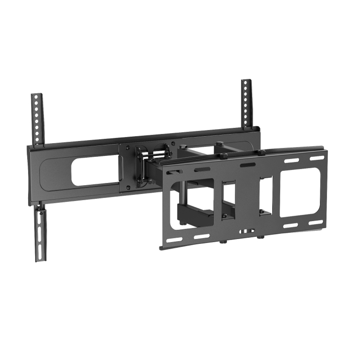 Soporte de pared negro ajustable para TV con brazos articulados y orificios de montaje.