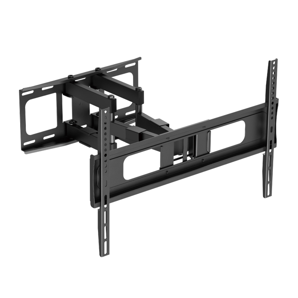 Soporte de pared para TV negro ajustable con brazos extensibles y giro.