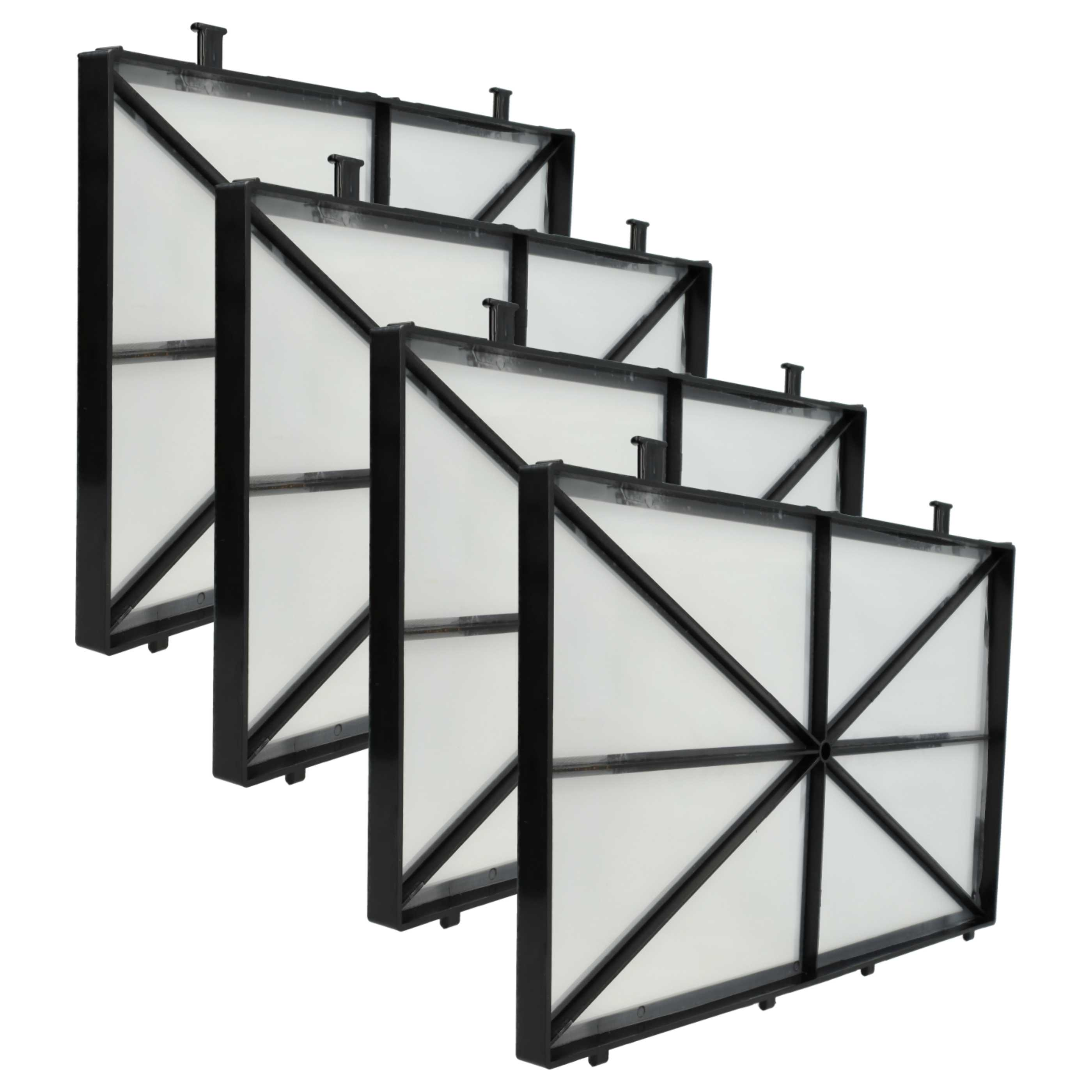 Vier schwarze Poolfilter, diagonal angeordnet, mit weißen Filtermaterialien.