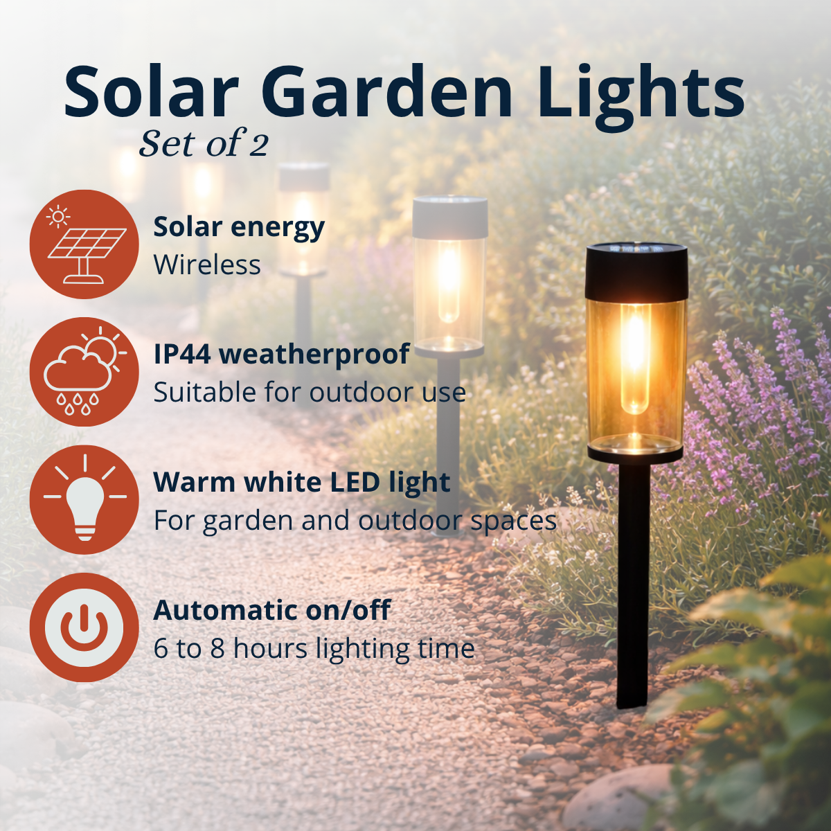 Set of 2 solar garden lights with warm white LED light, IP44 weatherproof.