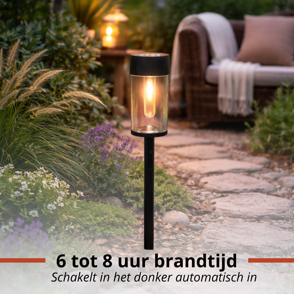 Garden lamp with glass cylinder and bulb look illuminates a path.