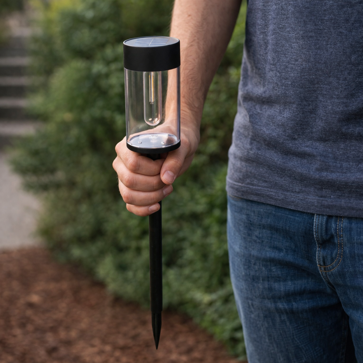 A person holds a solar light with a black stake outdoors.