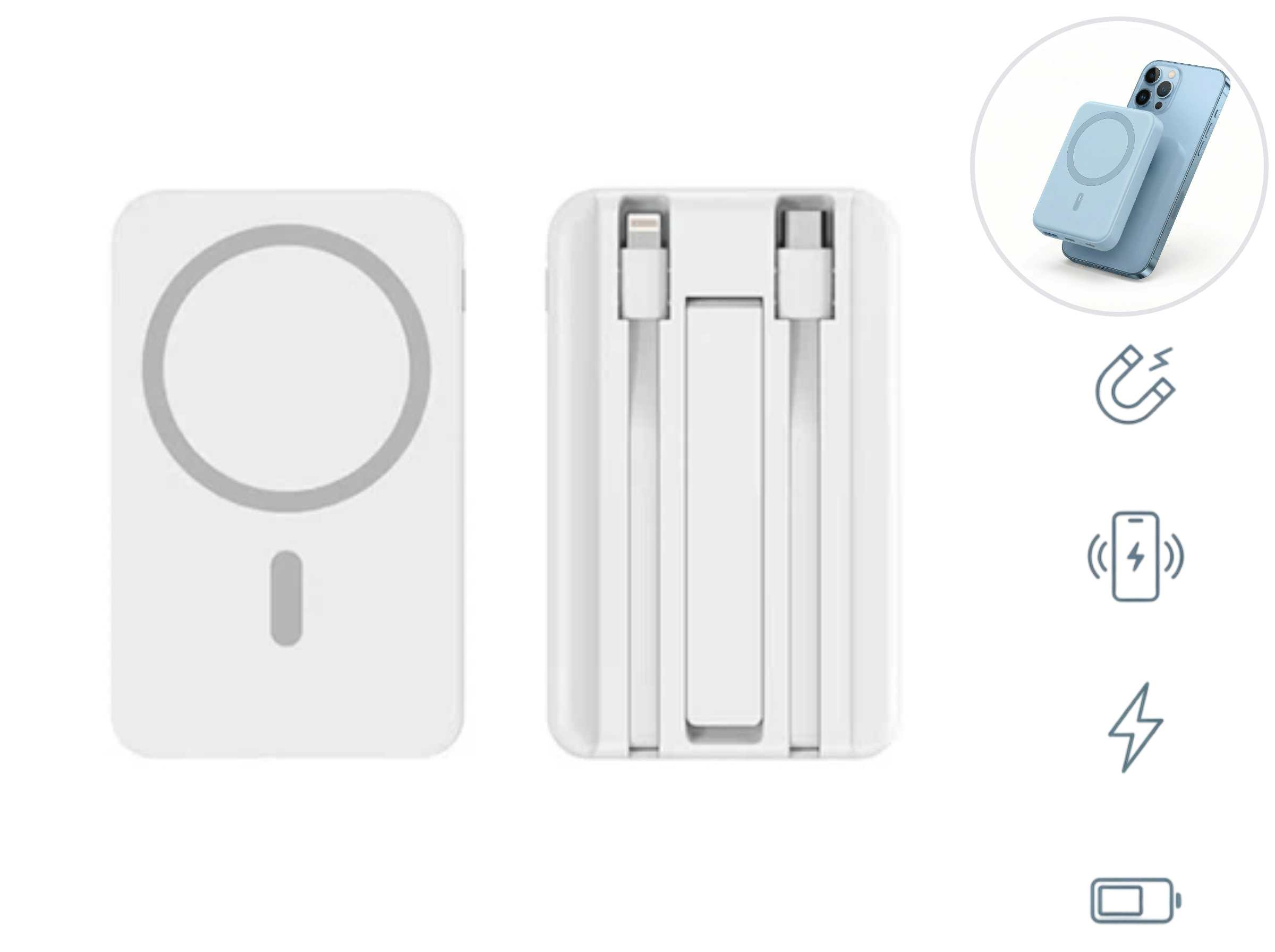 Weiße magnetische Powerbank mit integrierten Kabeln und Ladeanzeige.