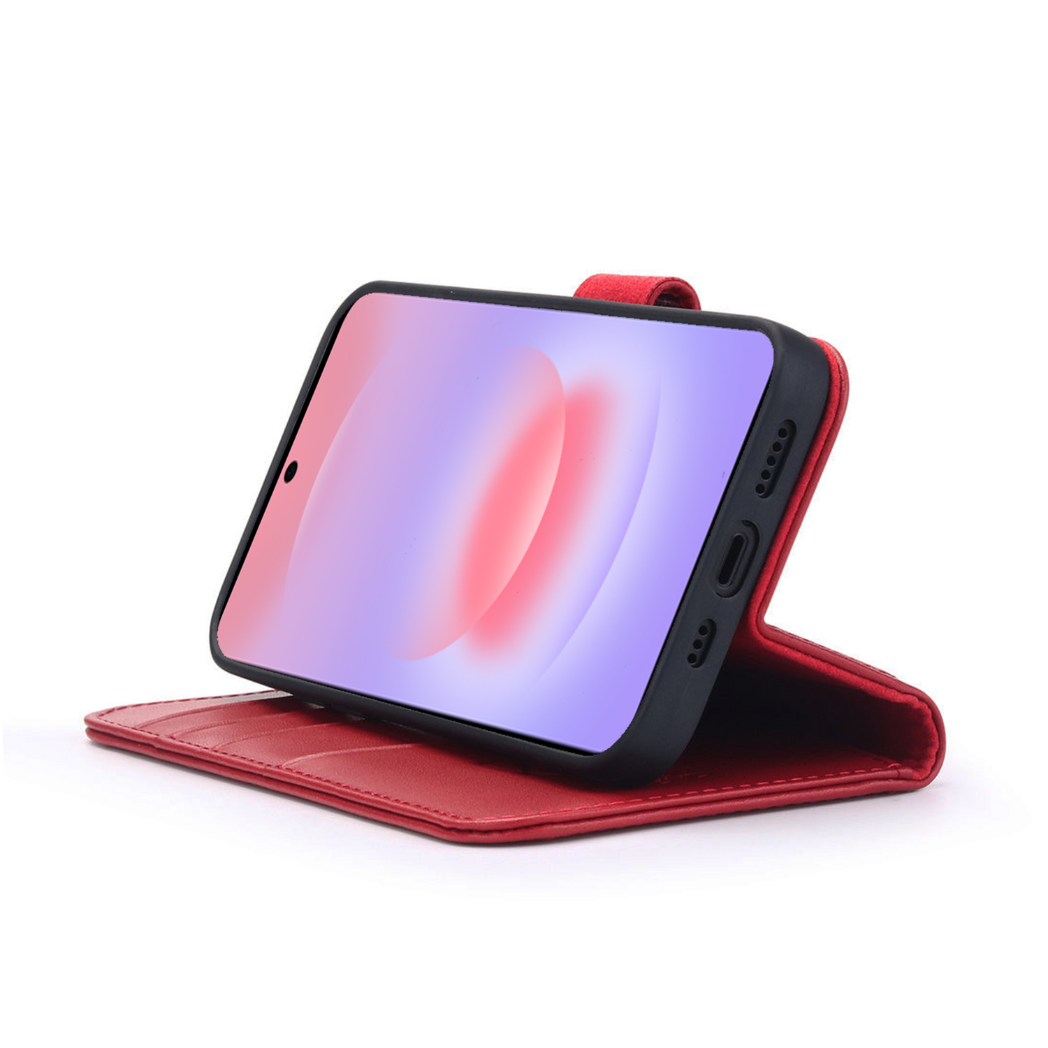 Rode smartphone in een open leren hoesje met een abstracte weergave op het scherm.