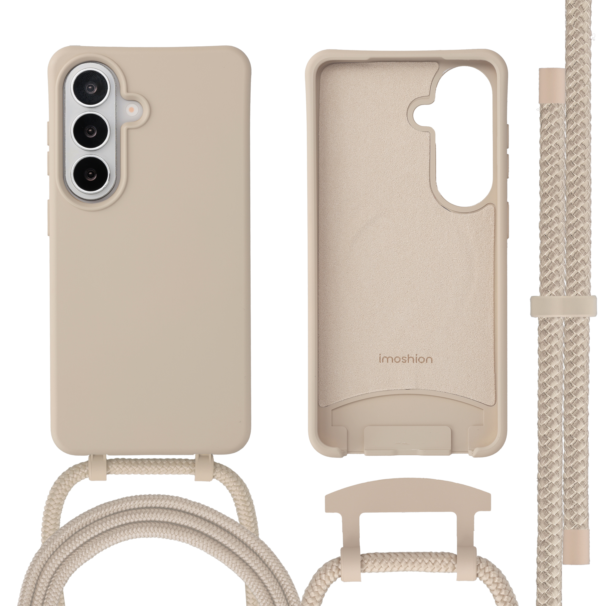 Beige telefoonhoes met drie camera's en koord. Binnenkant van de hoes getoond.