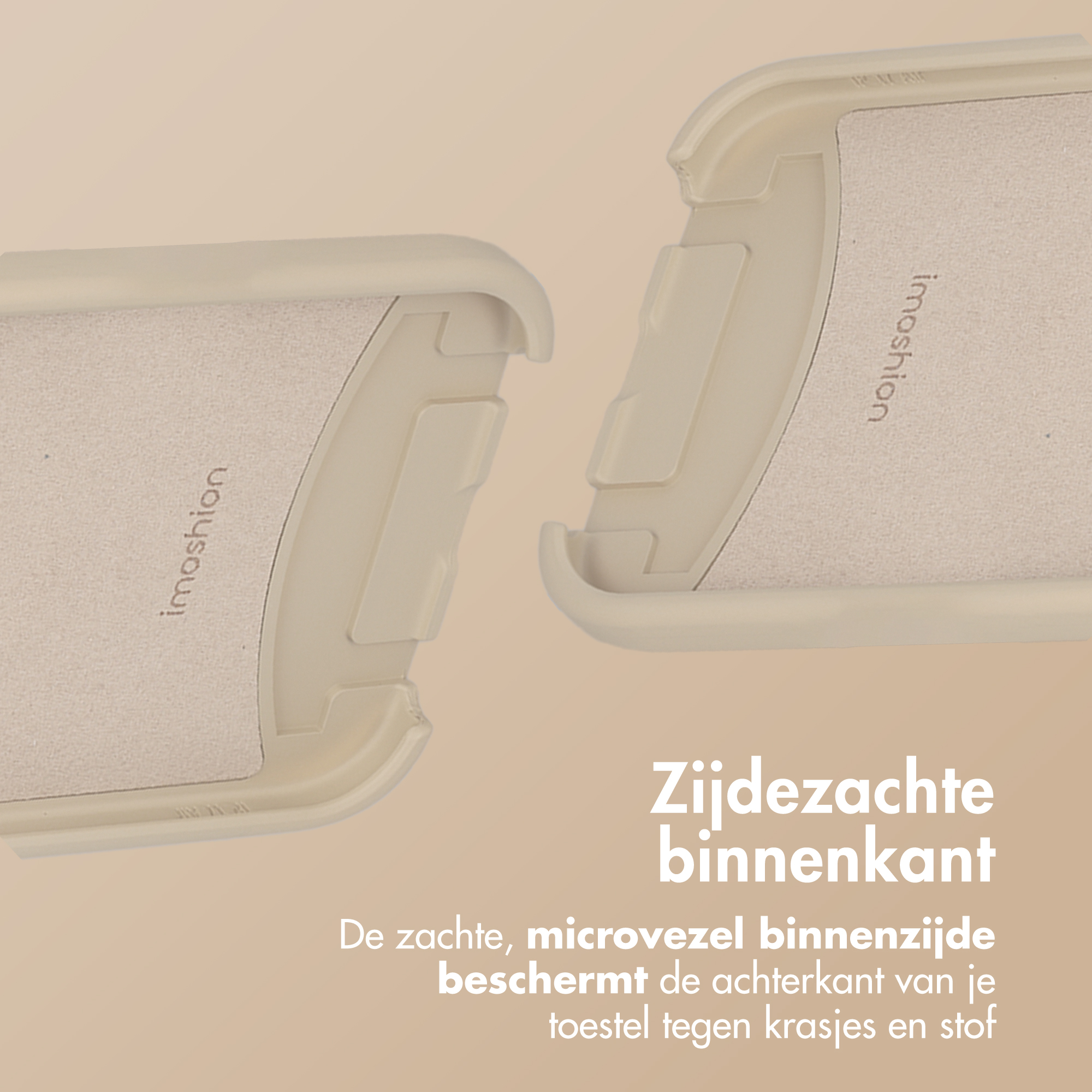 Twee beige telefoonhoesjes met zachte voering en logo.