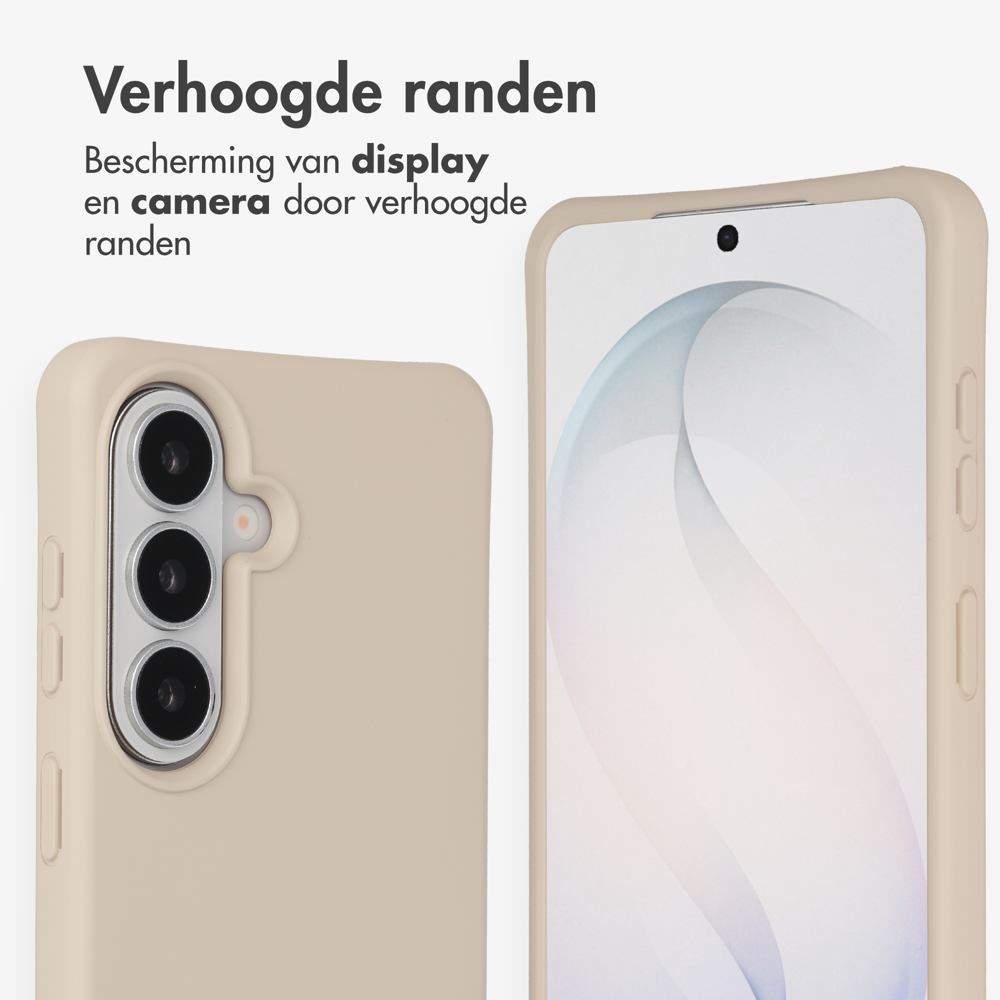 Een beige telefoonhoes toont de camera en het scherm van een mobiel.