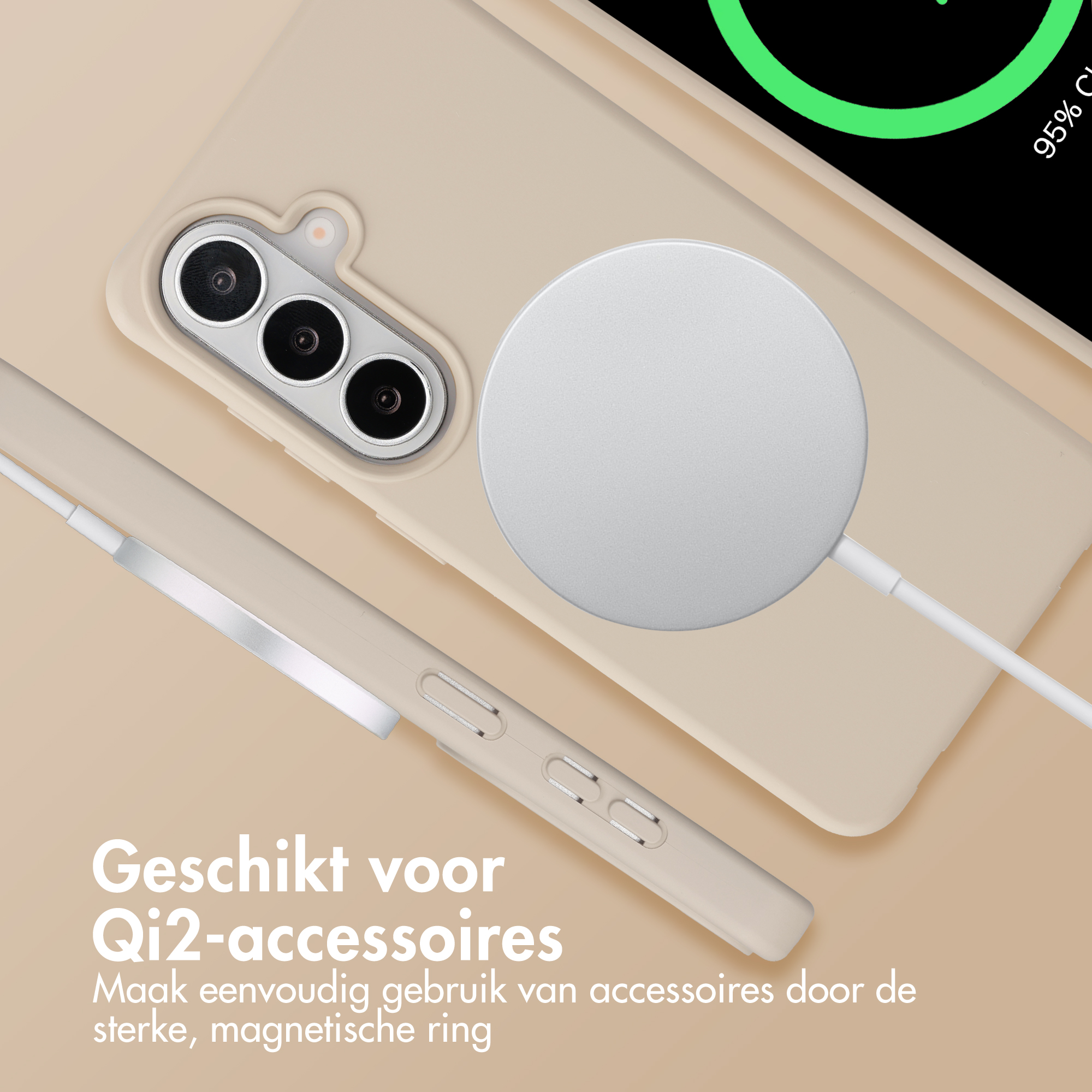 Beige telefoonhoes met camera's en Qi2-lader. 95% opgeladen.