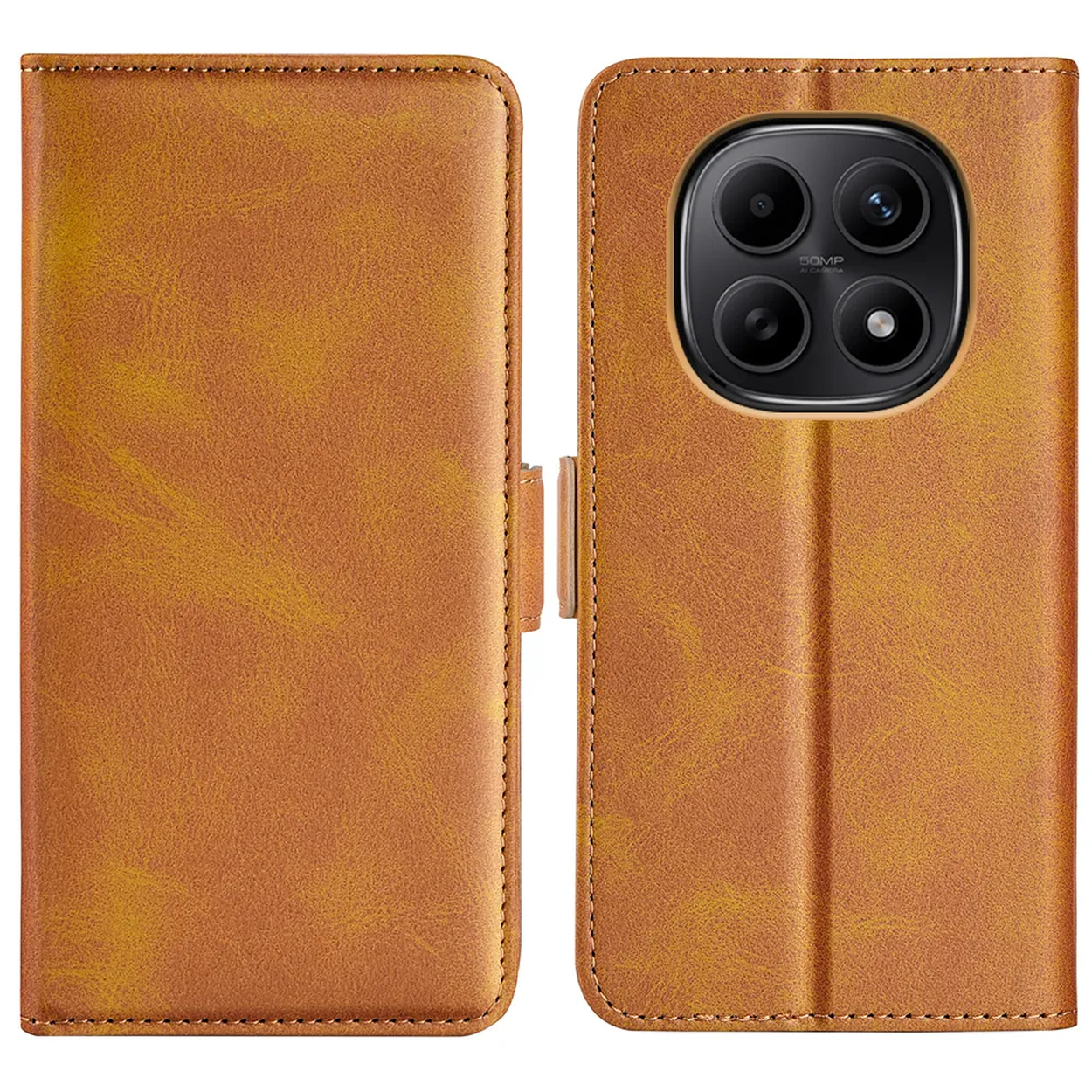 Étui de téléphone en cuir marron avec découpe caméra et fermeture magnétique.