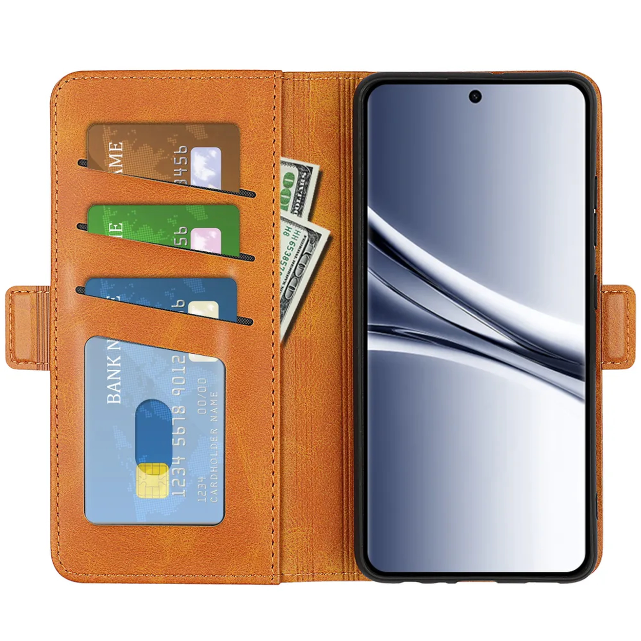 Un étui portefeuille marron avec des fentes pour cartes et de l'argent à côté d'un smartphone.