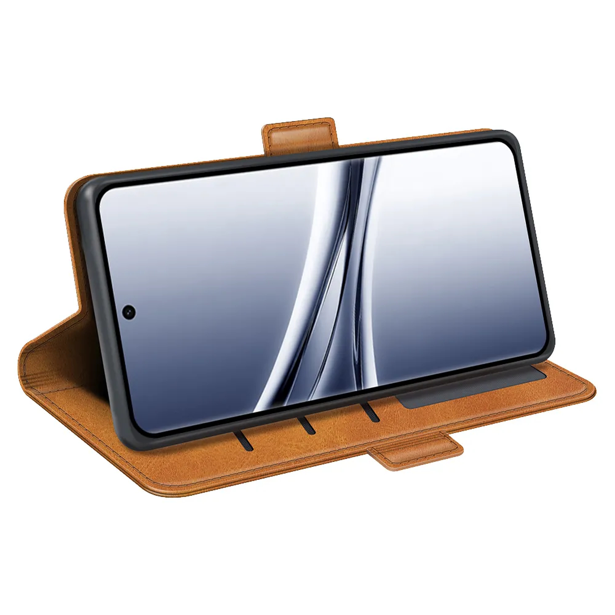 Un étui à rabat en cuir marron pour smartphone, position verticale.