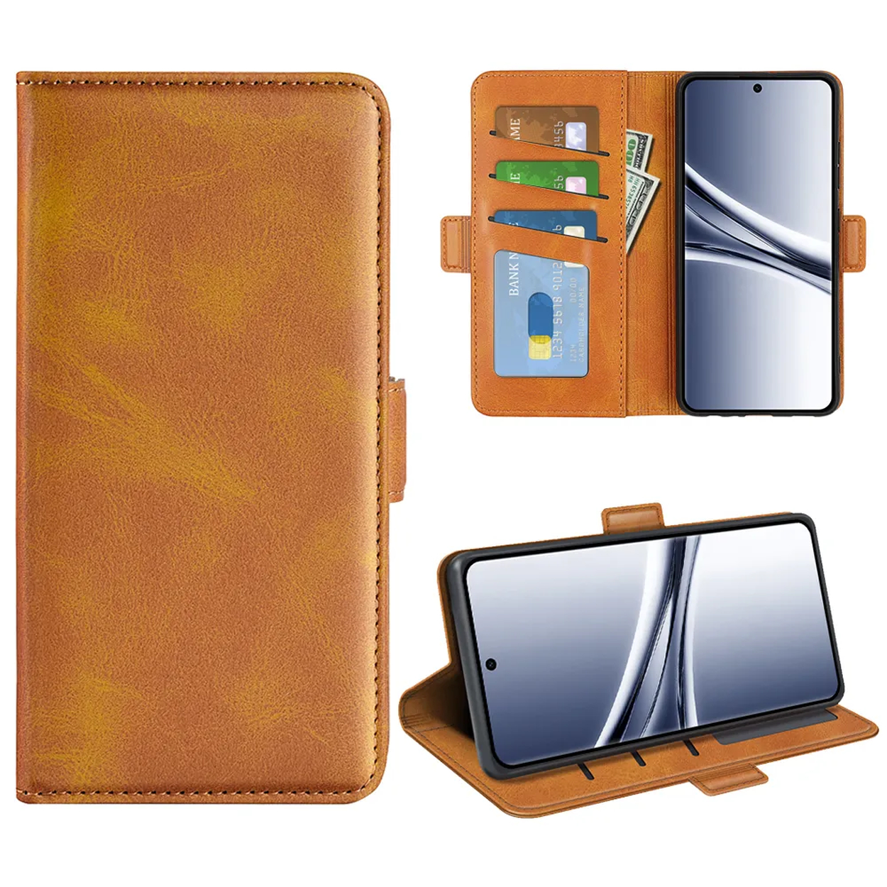 Étui de téléphone en cuir marron avec fentes pour cartes et poche à billets.