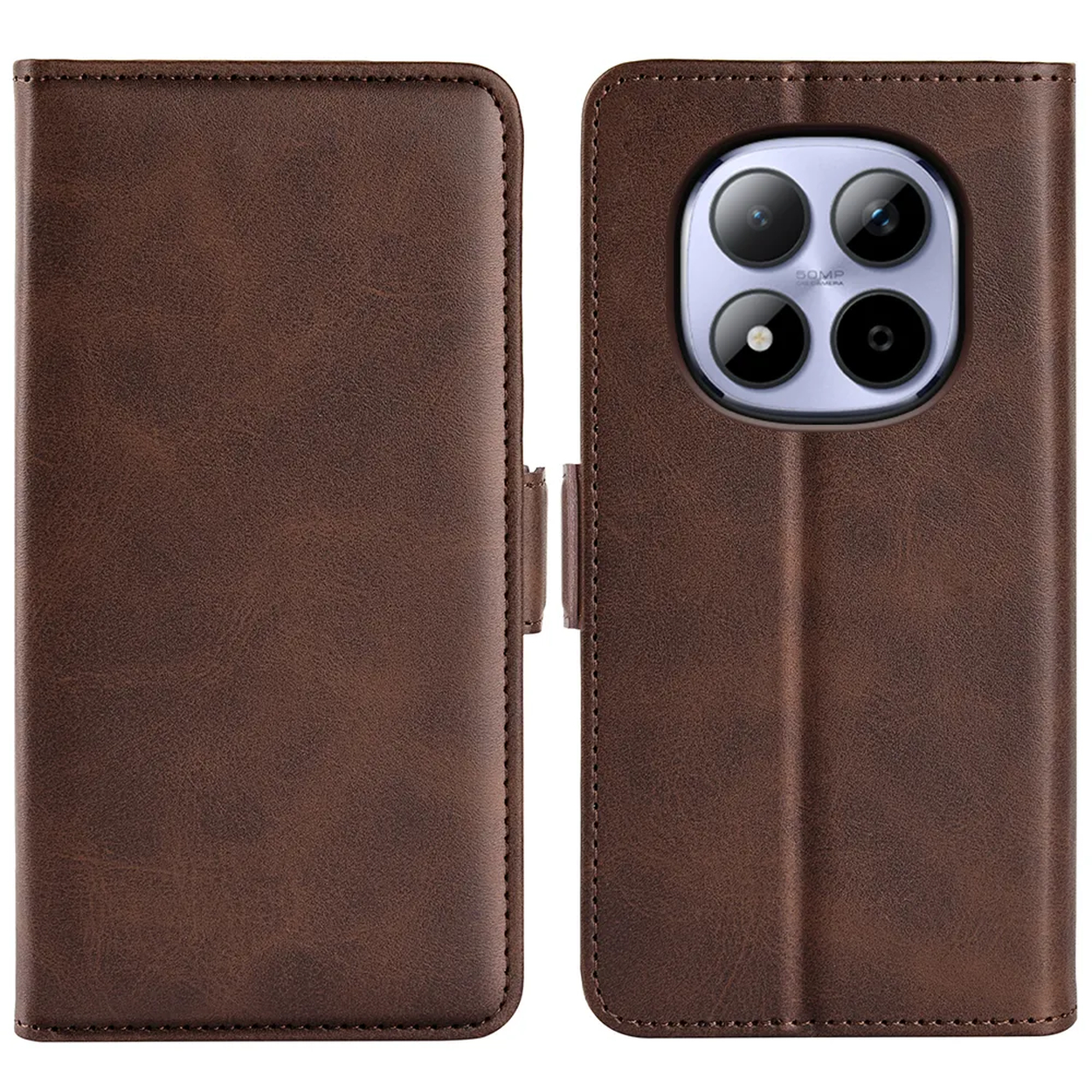 Étui de téléphone en cuir marron avec découpe caméra et rabat.