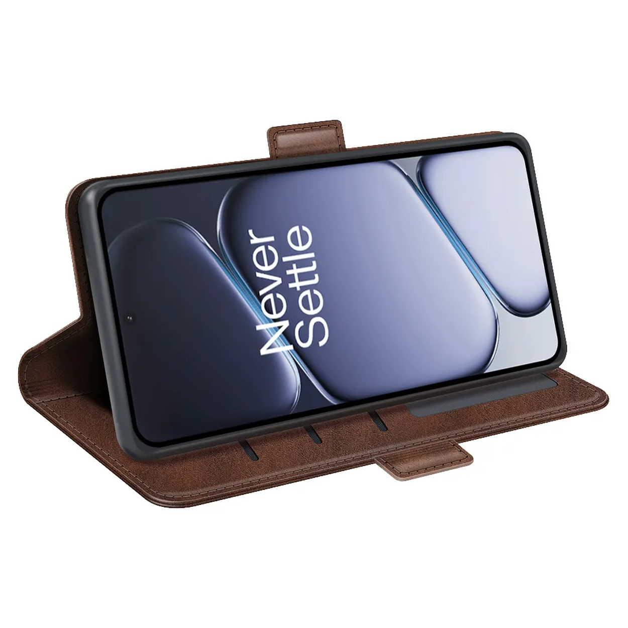 Étui de téléphone marron avec rabat ouvert, smartphone affichant « Never Settle ».