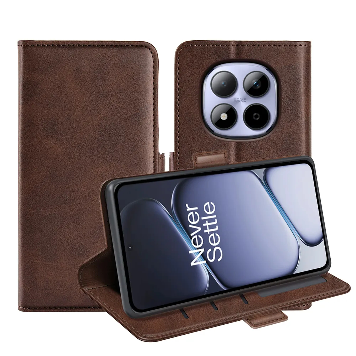 Étui de téléphone marron avec appareil photo quadruple et écran ouvert.