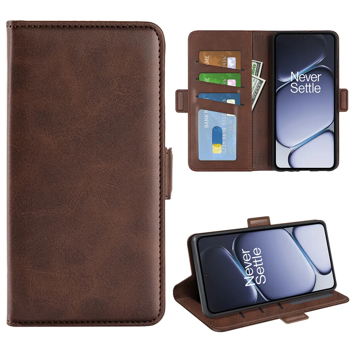Un étui de téléphone en cuir marron avec des fentes pour cartes et un téléphone.