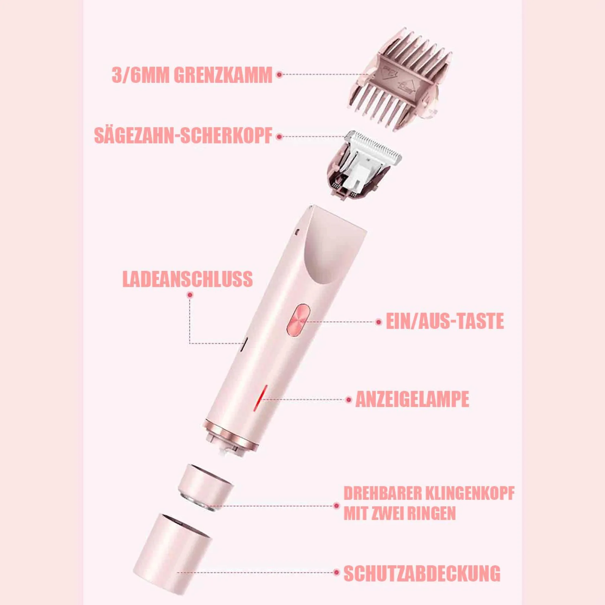 Ein pinker Haartrimmer mit abnehmbaren Teilen und Beschriftungen.